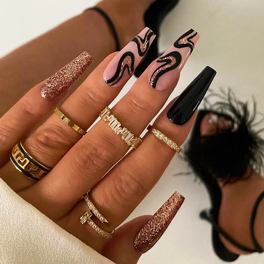 FOAMEE Luxury Press on Nails Long Black Bling Coffin Fake Nails with Stripes Designs Acrylic Glossy False Nails for Women