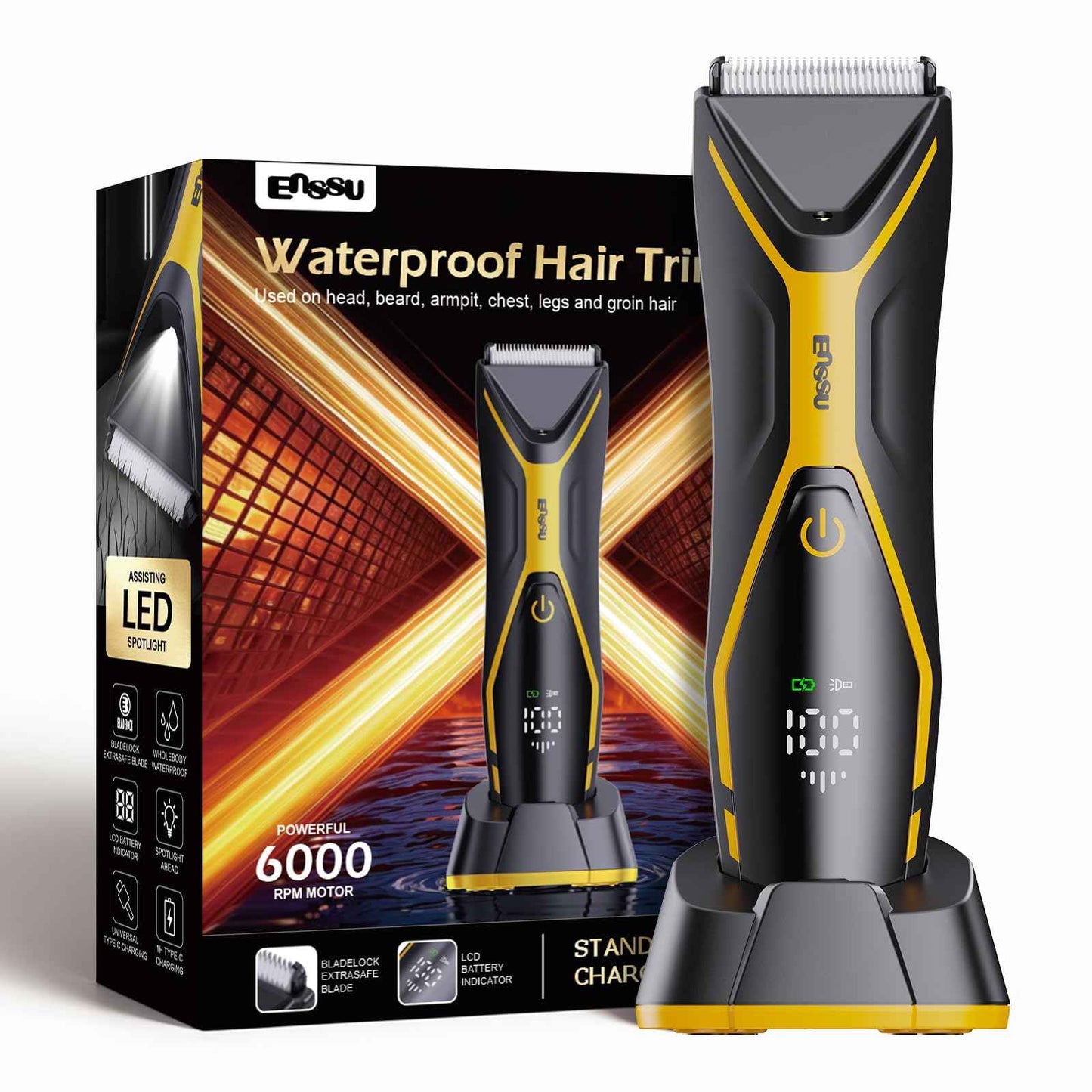 ENSSU Body Hair Trimmer for Men Manscape Trimmer for Men, Electric Ball Shavers with Ceramic Blades & BLADELOCK™, Pubic Hair Groomer IPX7 Waterproof Wet or Dry Use for Groin/Legs/Chest