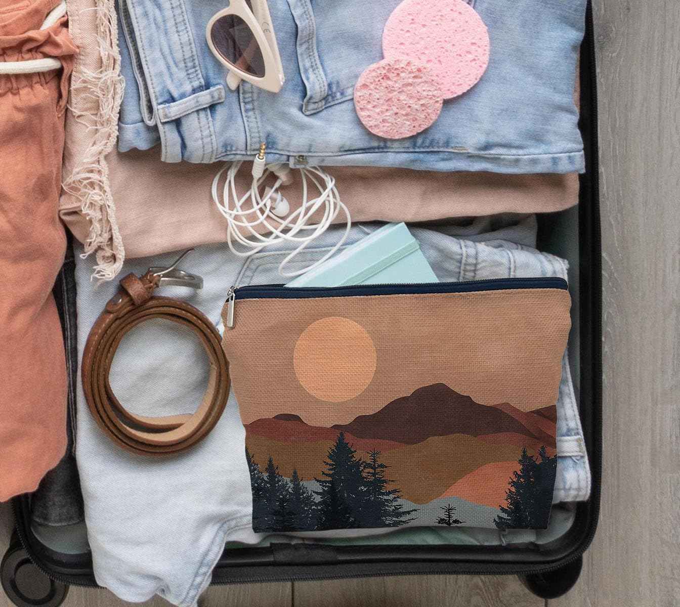 IWXYI Boho Mountain Sun forest Cosmetic Bag,Neutral Boho Mid-Century Sun Women's Makeup Make Up Bag Zipper Pouch Travel Toiletry Gifts For Women Teenage Girls Boho Lover