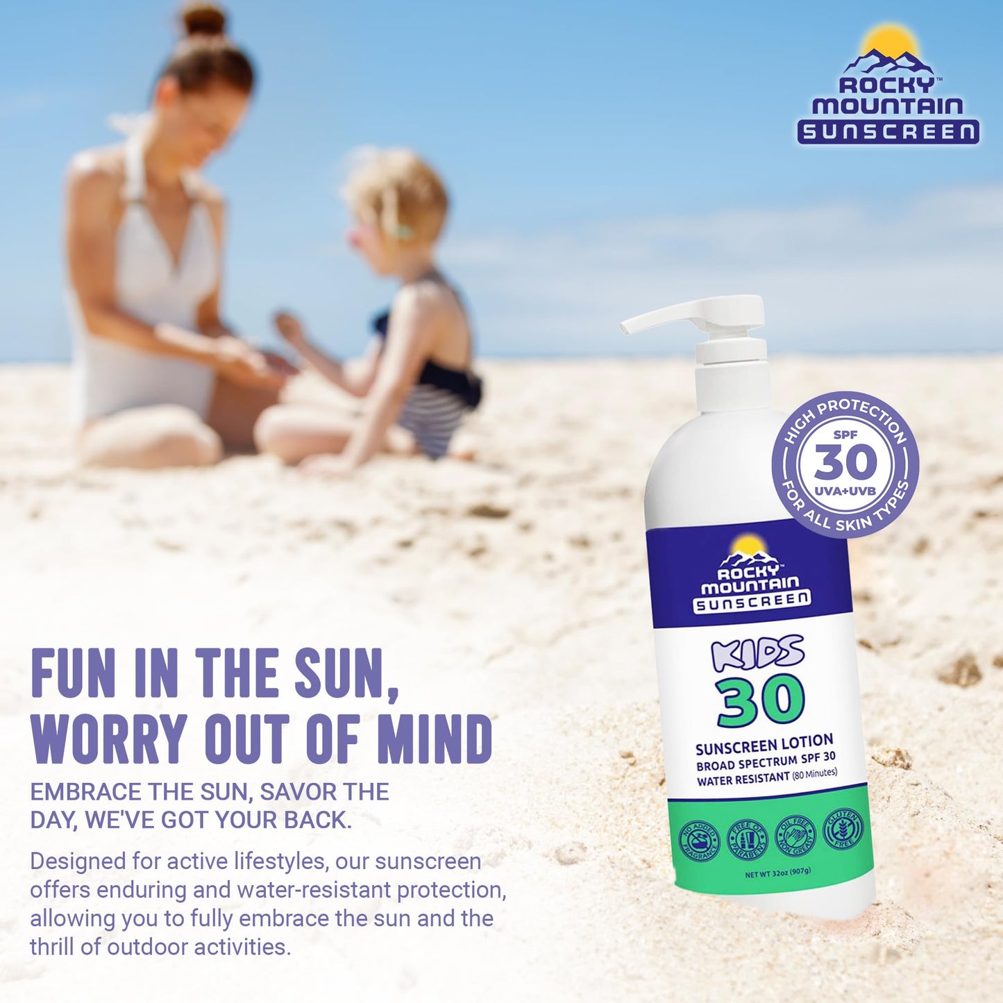 KIDS Rocky Mountain Sunscreen Broad Spectrum | UVA/UVB Protection | Hawaii 104 Reef Act Compliant (Oxybenzone & Octinoxate Free) | Water Resistant 80 Min. | Fragrance Free | Quart With Pump (32 Fl Oz)