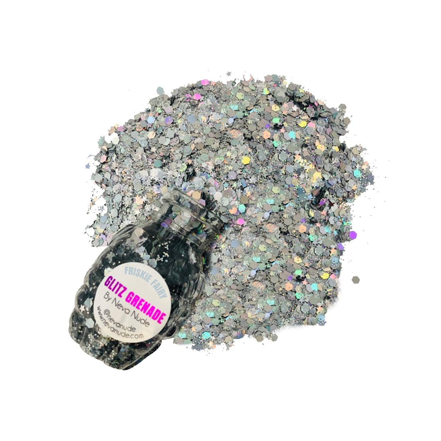 Neva Nude Face and Body Glitter Keychain - Chunky Loose Glitter for Festivals, Raves, and More | Cosmetic Grade | Super Sparkly (Friskie Fairy Silver Holographic Glitz Grenade)