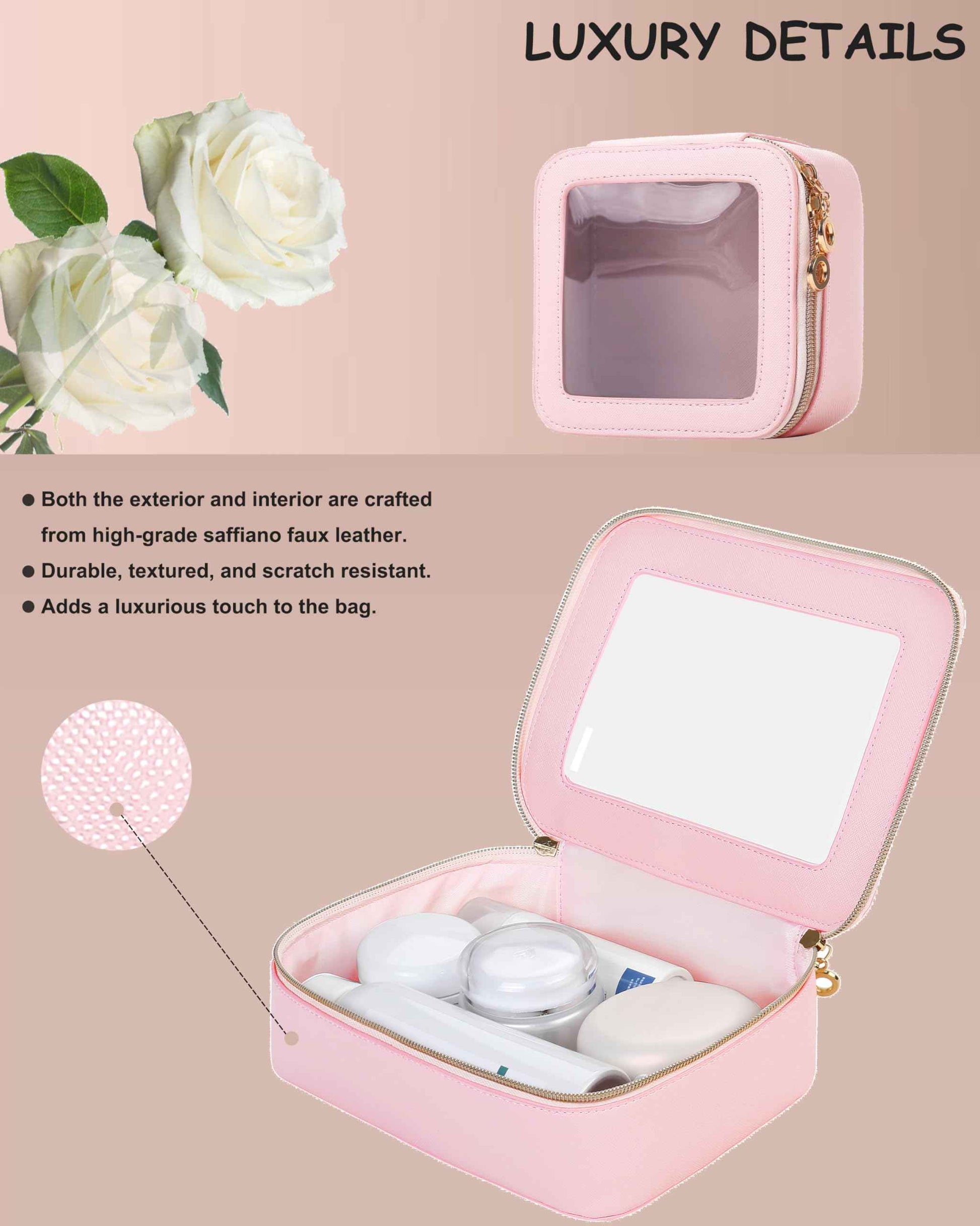 JRQCSJY Small Clear Makeup Bag for Purse, Cute Mini Clear Cosmetic Bag Case Organizer, TSA Approved Square Small Makeup Case Pouch with Zipper, Car Travel Purse Essentials for Women (Pink, S)