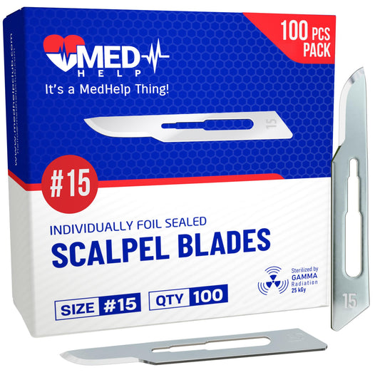 MedHelp Disposable Scalpel Blades #15 Pack of 100, Size 15 Surgical Blades, High Carbon Steel Dermaplane Blades. Individually Wrapped Scapel Blade, Sterile