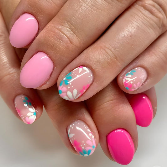 Flower Press on Nails Short Almond Shaped False Nails Glossy Pink Stick on Nails with Colorful Floral Design Fake Nails Reusable Acrylic Nails Glue on Nails Full Cover Stick on Nails for Women 24 Pcs