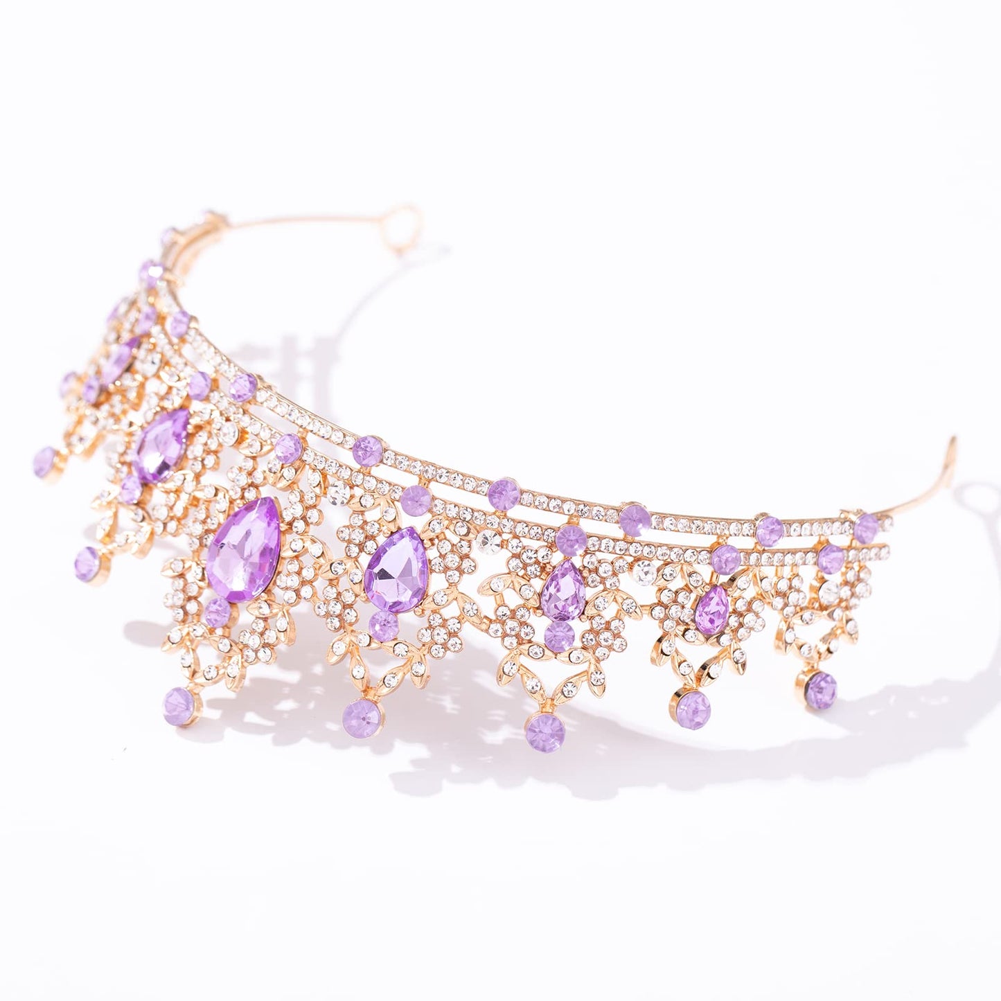 FORSEVEN Crystal Tiaras for Women, Wedding Tiaras and Crowns for Women Tiaras for Girls Birthday Party Princess Crown Hair Accessories Bride Rhinestone Headbands (Gold+Light Purple)