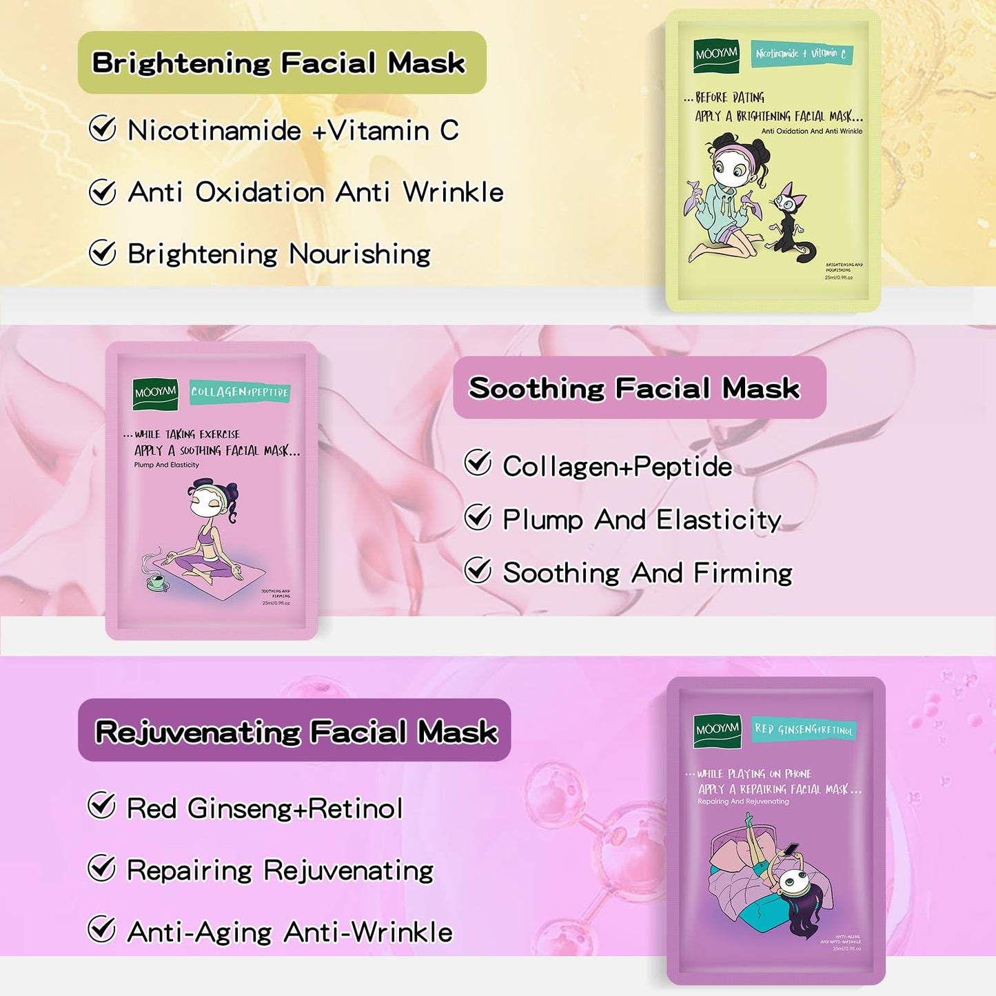 GUOYAOLIFU Face Masks Skincare Set of 36 Sheet Face Masks Moisturizing Masks for Face Extract for All Skin Types-Natural Home Spa Treatment Masks Collagen Face Mask Girl Series 25ml