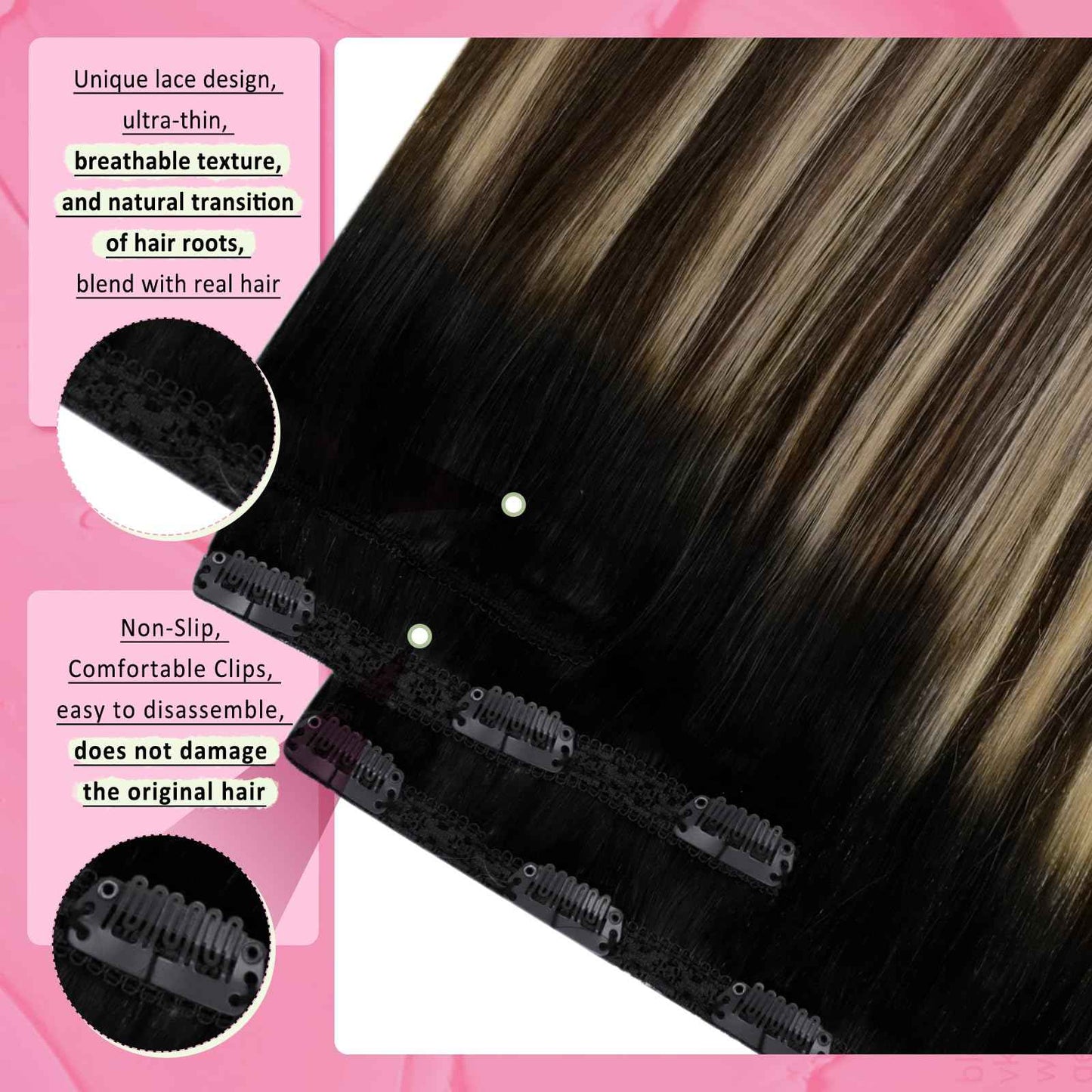 YoungSee 18 Inch Clip in Hair Extensions Black Ombre 120G Clip in Human Hair Extensions Balayage Natural Black Ombre Dark Brown Mix Caramel Brown Clip ins Extensions Ease of Use 18In 7Pcs