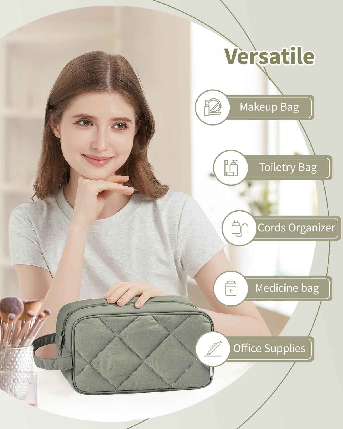 Narwey Travel Toiletry Bag for Traveling Women Travel Bag for Toiletries, Quilted Makeup Bag Cosmetic Make up Bags Medicine Bag for Girls (Sage Green)