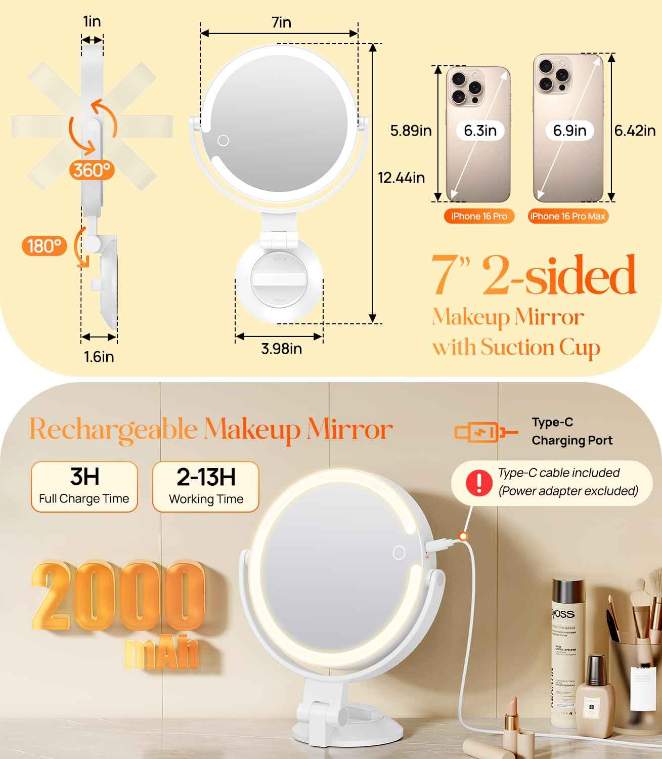 Gospire 7” Wall Mounted Makeup Mirror with Powerful Suction Cup, Double Sided 1X/10X Magnification, 3 Color Lights and Adjustable Brightness, 2000mAh Rechargeable Battery, Shaving for Men - White