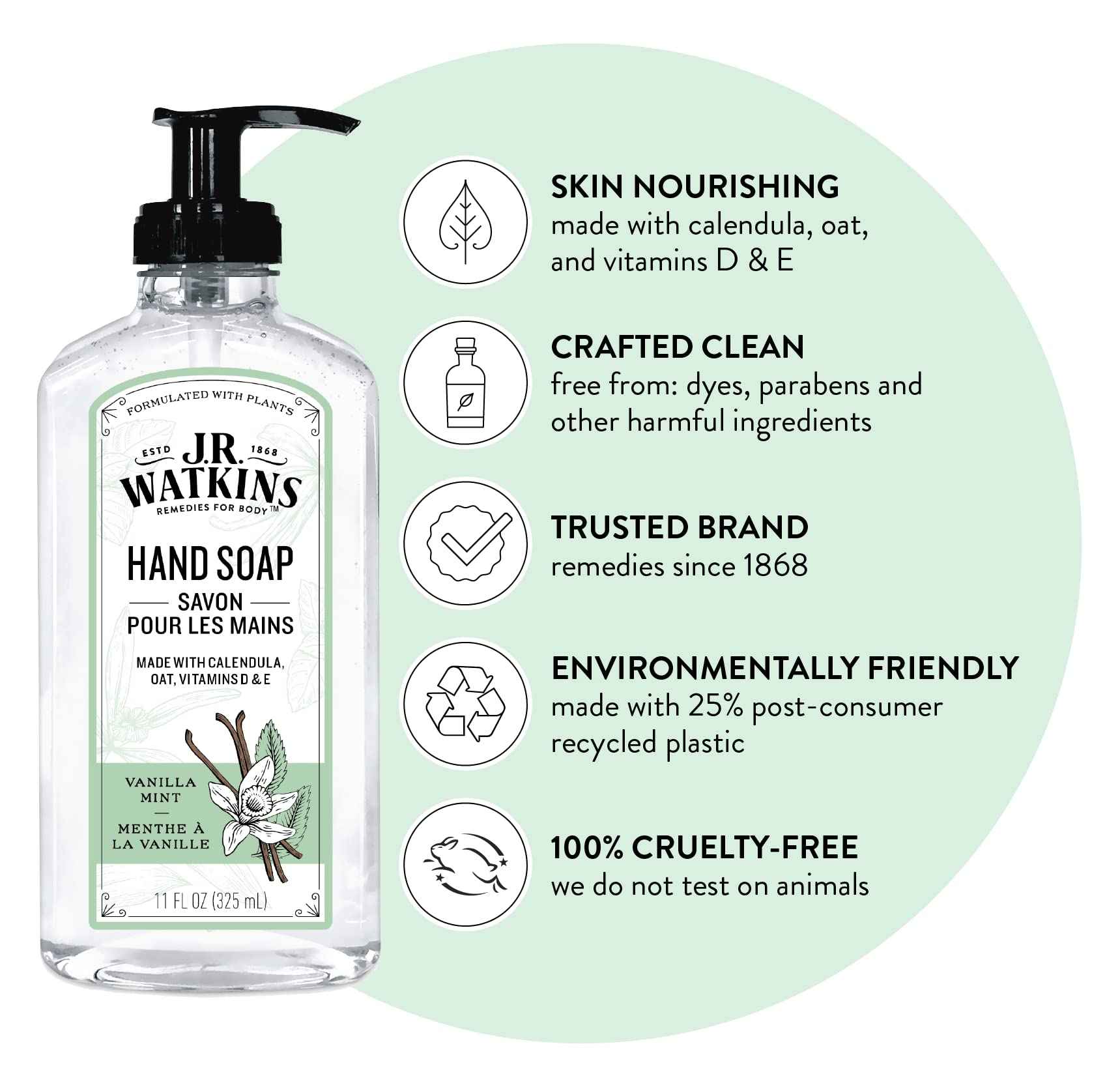 J.R. Watkins Gel Hand Soap, Scented Liquid Hand Wash for Bathroom or Kitchen, USA Made and Cruelty Free, 11 fl oz, Vanilla Mint, 6 Pack