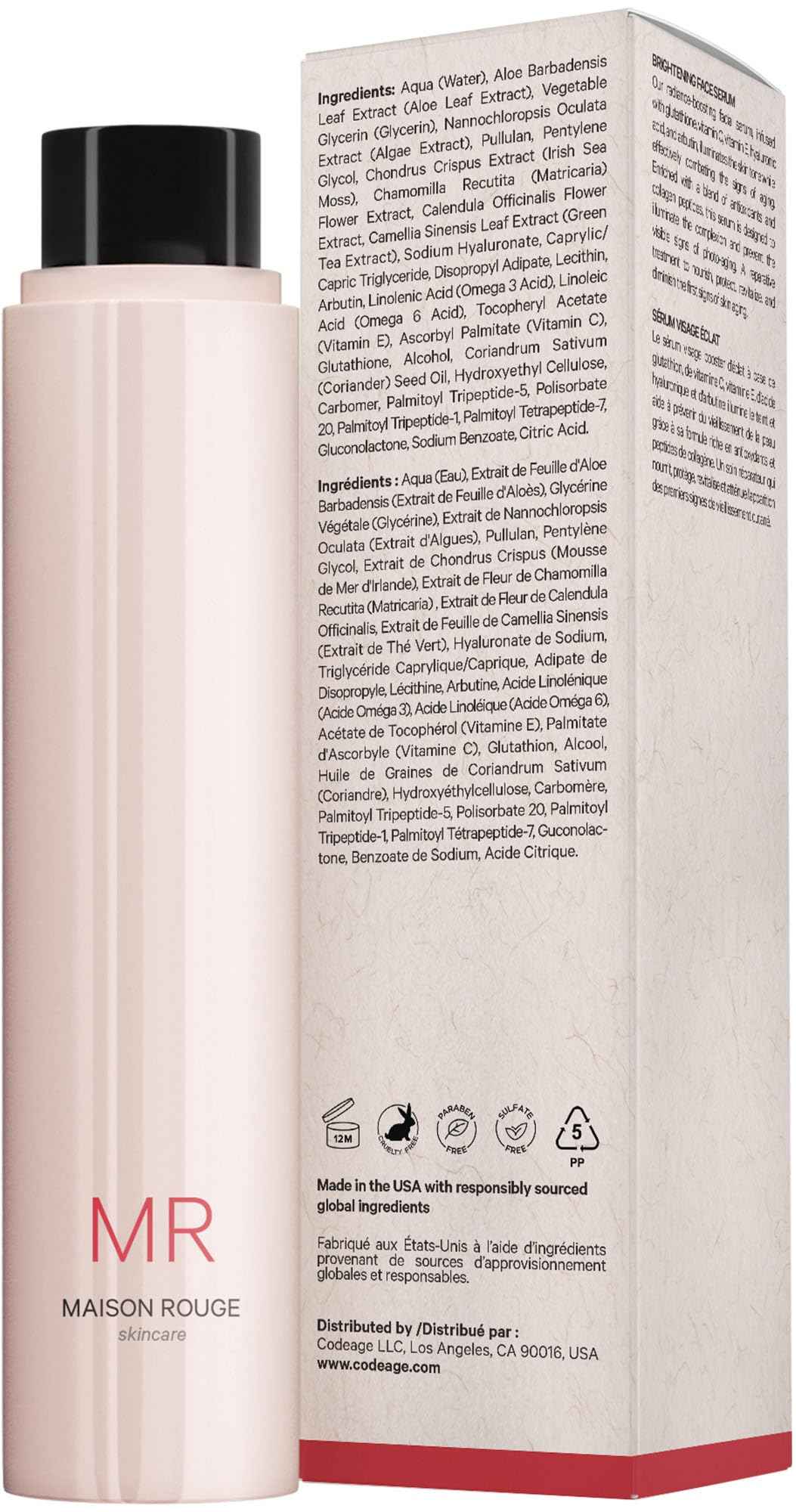 Maison Rouge Brightening Face Serum Refill by Codeage – Glutathione, Vitamin C, E, Hyaluronic Acid & Collagen – Radiance & Antioxidant Support – Paraben-Free – For All Skin Types – 1.7 fl oz