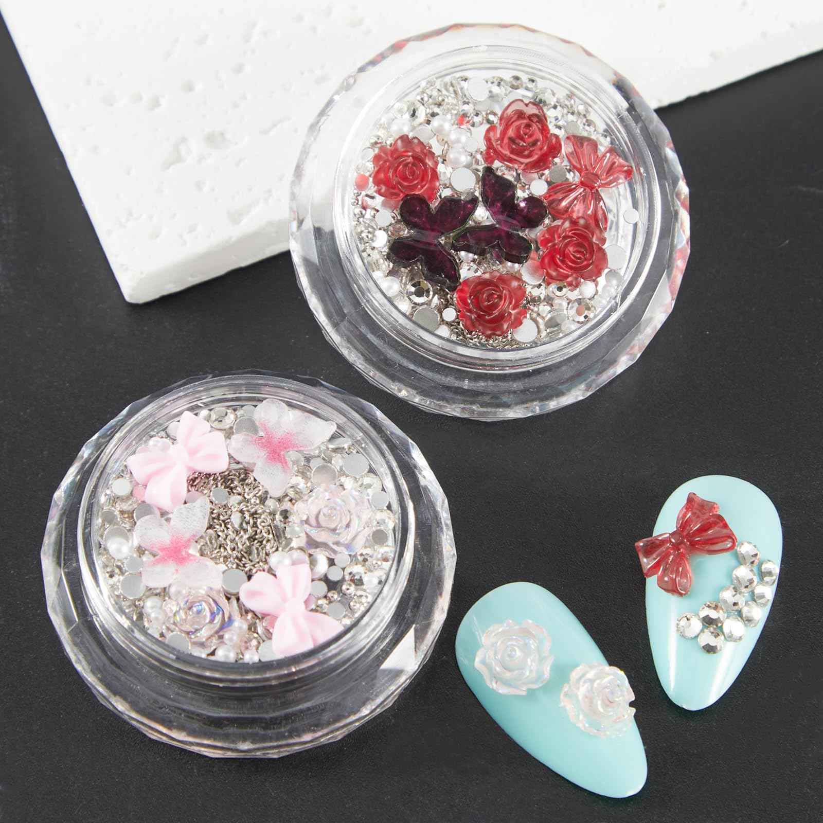 SILPECWEE 6 Boxes Nail Rhinestones and Charms, 3D Flower Butterfly Bow Nail Art Charms Nail Gems Diamond Pearls Glass Crystal Clear Silver Caviar Beads Metal Nail Chain Nail Jewelry Decoration