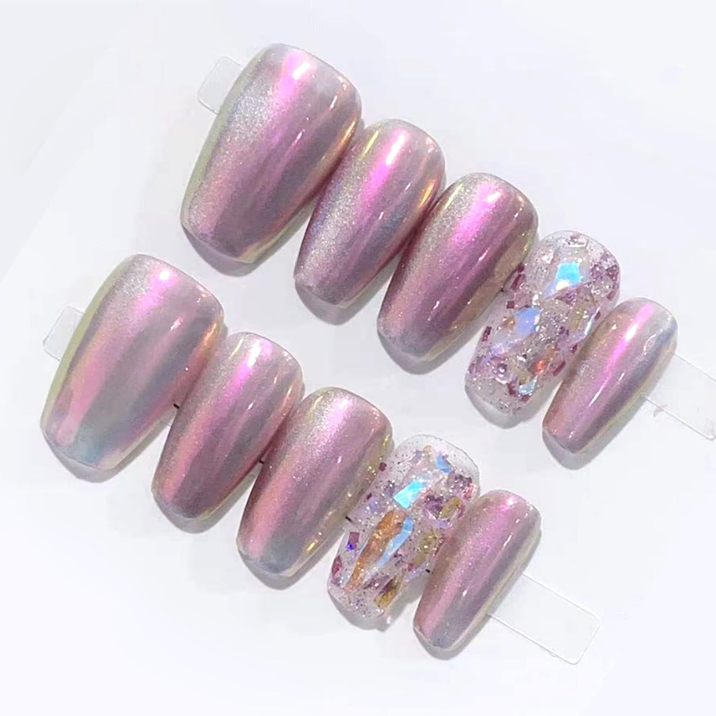 WOMHOPE Press on Nails False Nails Handmade Acrylic Nails for Women and Girls Aurora Power Rhinestone Full Cover 10pcs Almond,Coffin,Oval (Short Coffin, Medium)