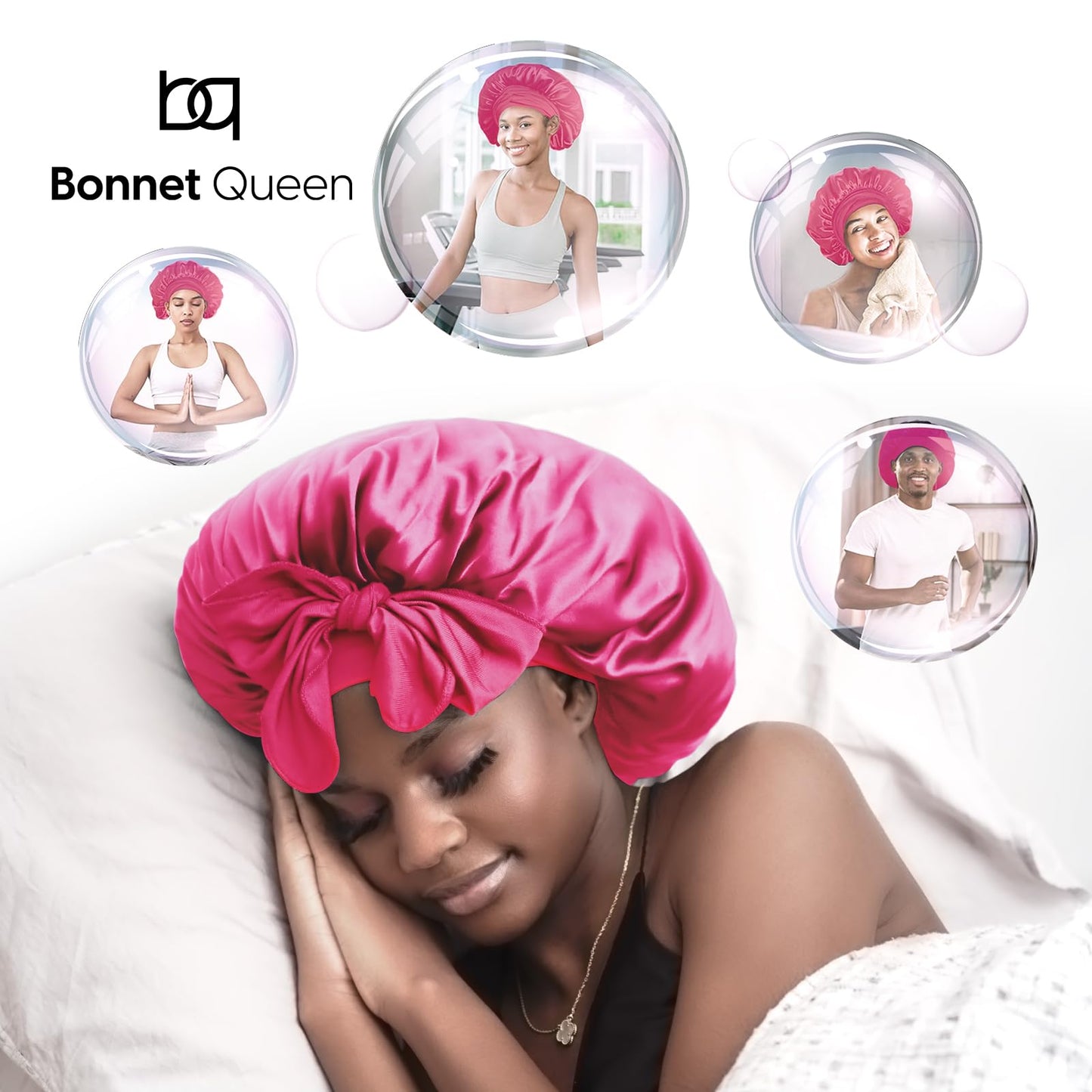 BONNET QUEEN Satin Bonnet Silk Bonnet for Sleeping Hair Bonnet Tie Bonnet for Women with Stretch Band Natural Hair Hot Pink