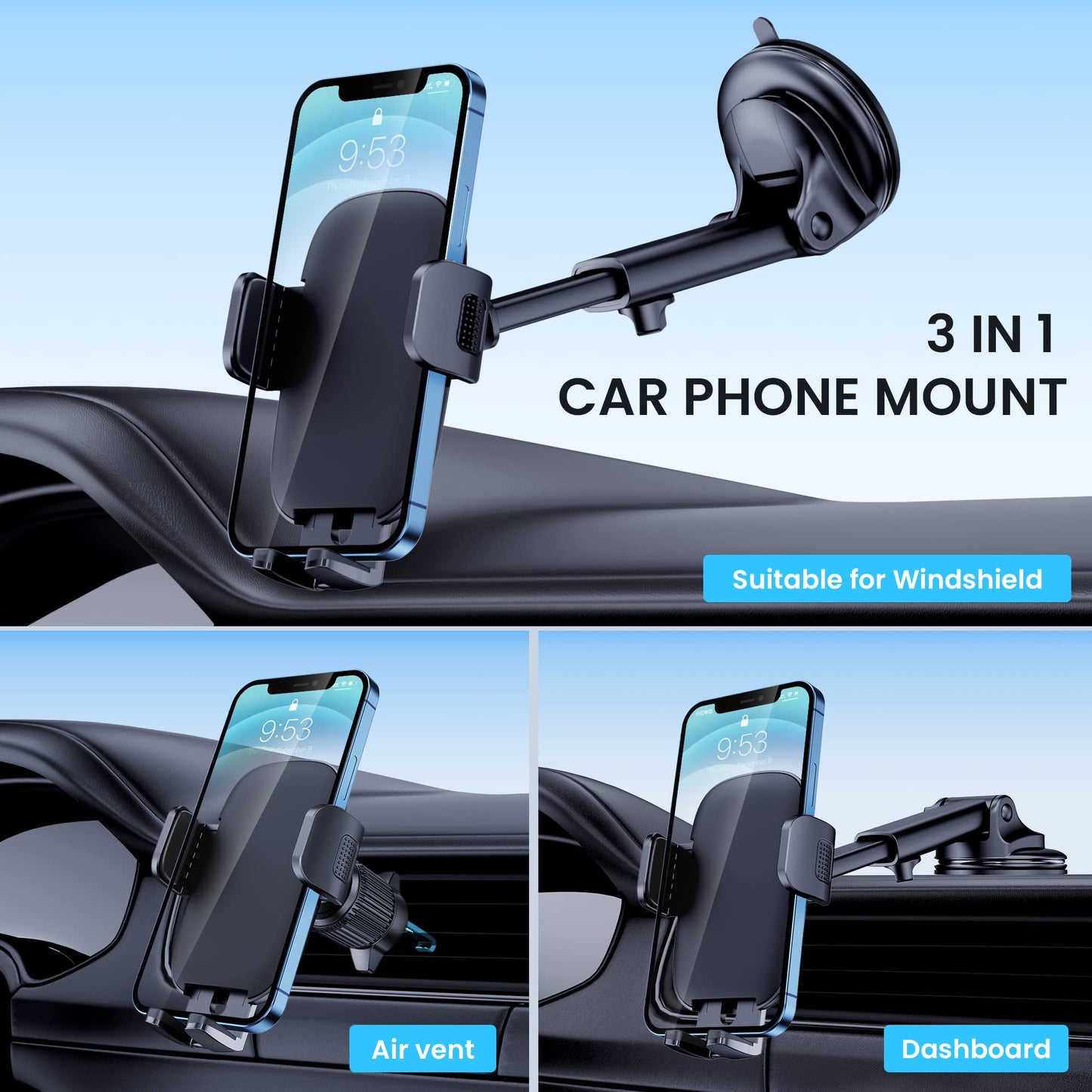 Qifutan Car Phone Holder Mount Phone Mount for Car Windshield Dashboard Air Vent Universal Hands Free Automobile Cell Phone Holder Fit iPhone (Black)