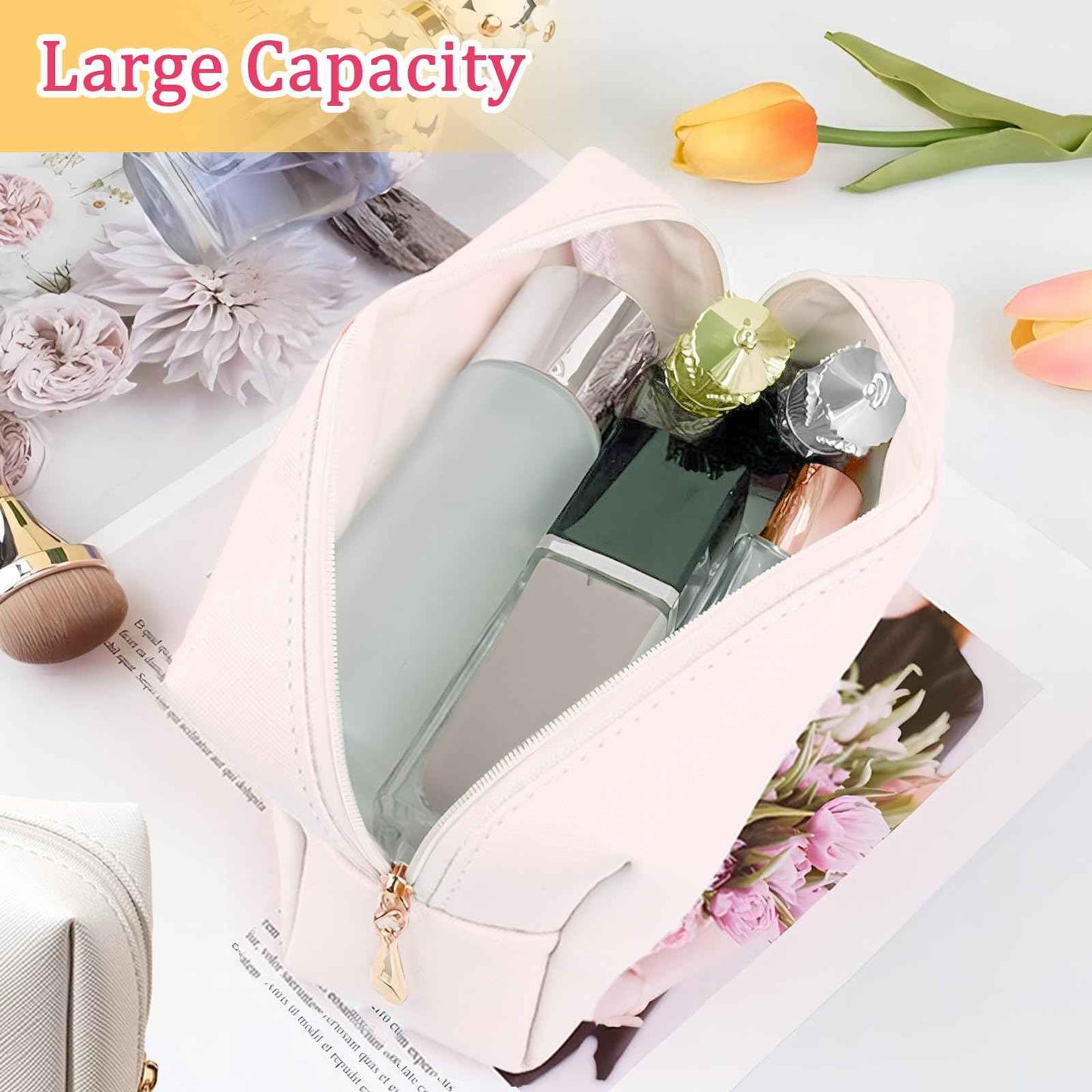 Fodofodo Personalized Initial Letter Makeup Bag,Preppy Patch Makeup Bag,PU Waterproof Travel Toiletry Bag,Chenille Letter Cosmetic Bag,Toiletry Zipper Pouch Organizer for Women Girls (White,U)