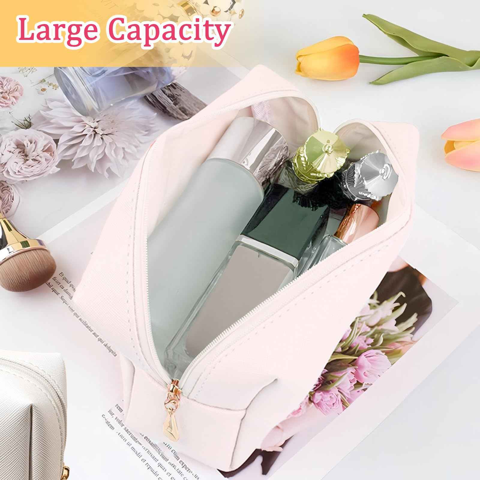 Fodofodo Personalized Initial Letter Makeup Bag,Preppy Patch Makeup Bag,PU Waterproof Travel Toiletry Bag,Chenille Letter Cosmetic Bag,Toiletry Zipper Pouch Organizer for Women Girls (White,U)