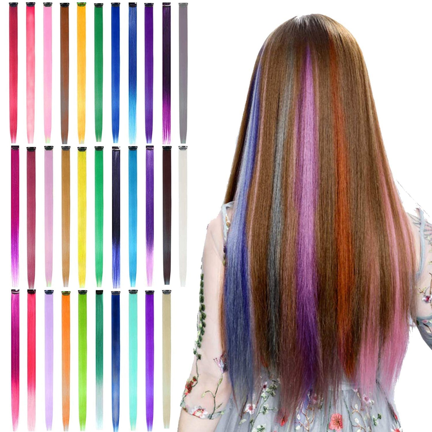 32 PCS Colored Clip in Hair Extensions - BEAHOT 20 Inches Rainbow Long Straight Hairpieces Clip in Synthetic, Halloween Cosplay Dress Up Fashion Party Christmas New Year Gift for Women Kids Girls