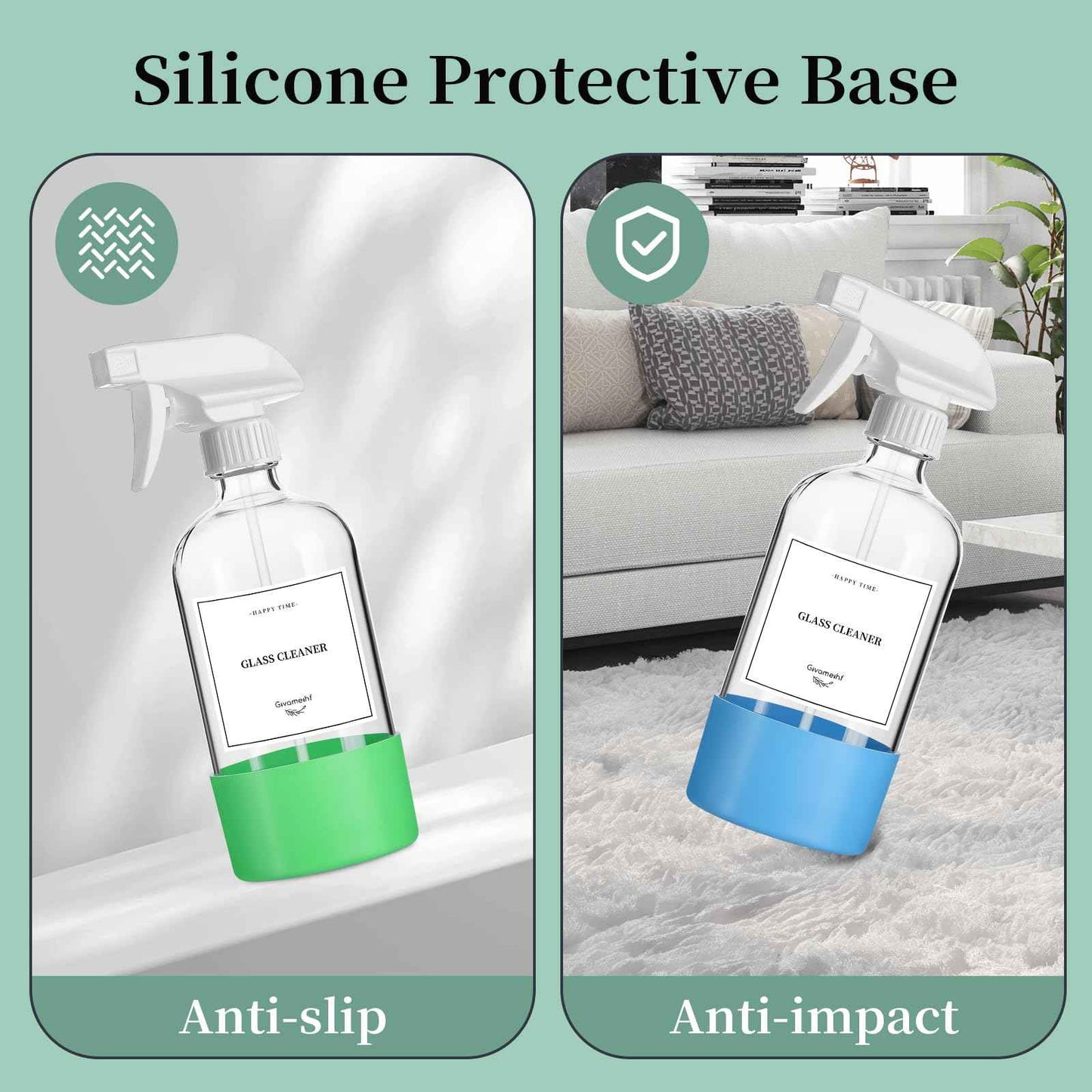 GIVAMEIHF 2 Pack Glass Spray Bottles with Silicone Sleeve,16oz Clear Glass Spray Bottles Refillable Empty Bottle with Adjustable Nozzle,Spray Bottle for Essential Oils,Cleaning Solutions,Pets,Hair