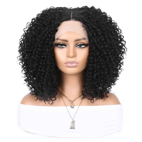 WIGER 15 inch Short Bob Lace Front Wigs 13X4X1 Curly T Part Wigs Middle Part Afro Kinky Curly Wigs Natural Black Synthetic Curly Wig For African American women