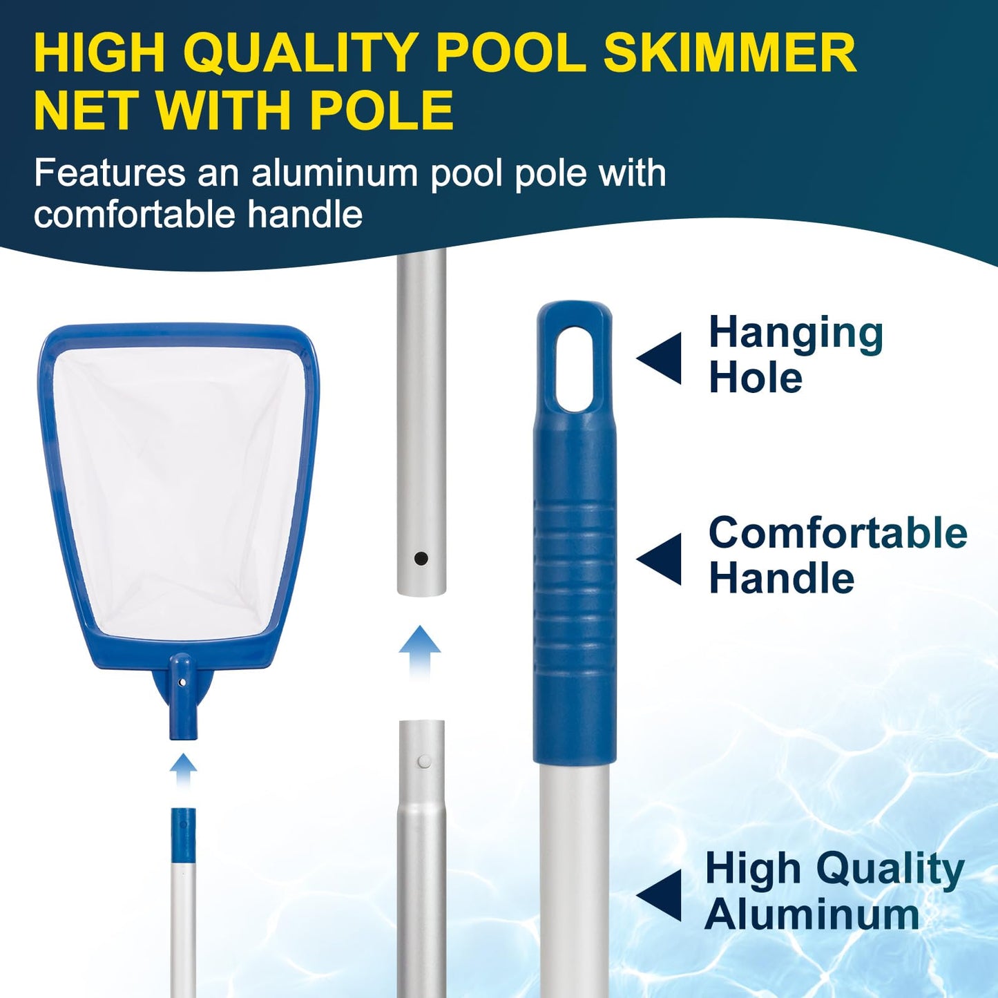 POOLAZA Pool Skimmer Net with Pole, Ultra Fine Mesh Pool Nets for Cleaning with Pole, Semi-deep Pool Net Skimmer with 68'' Thickened Aluminum Pole, Pool Leaf Net for Above Ground Pool, Spa & Hot Tub