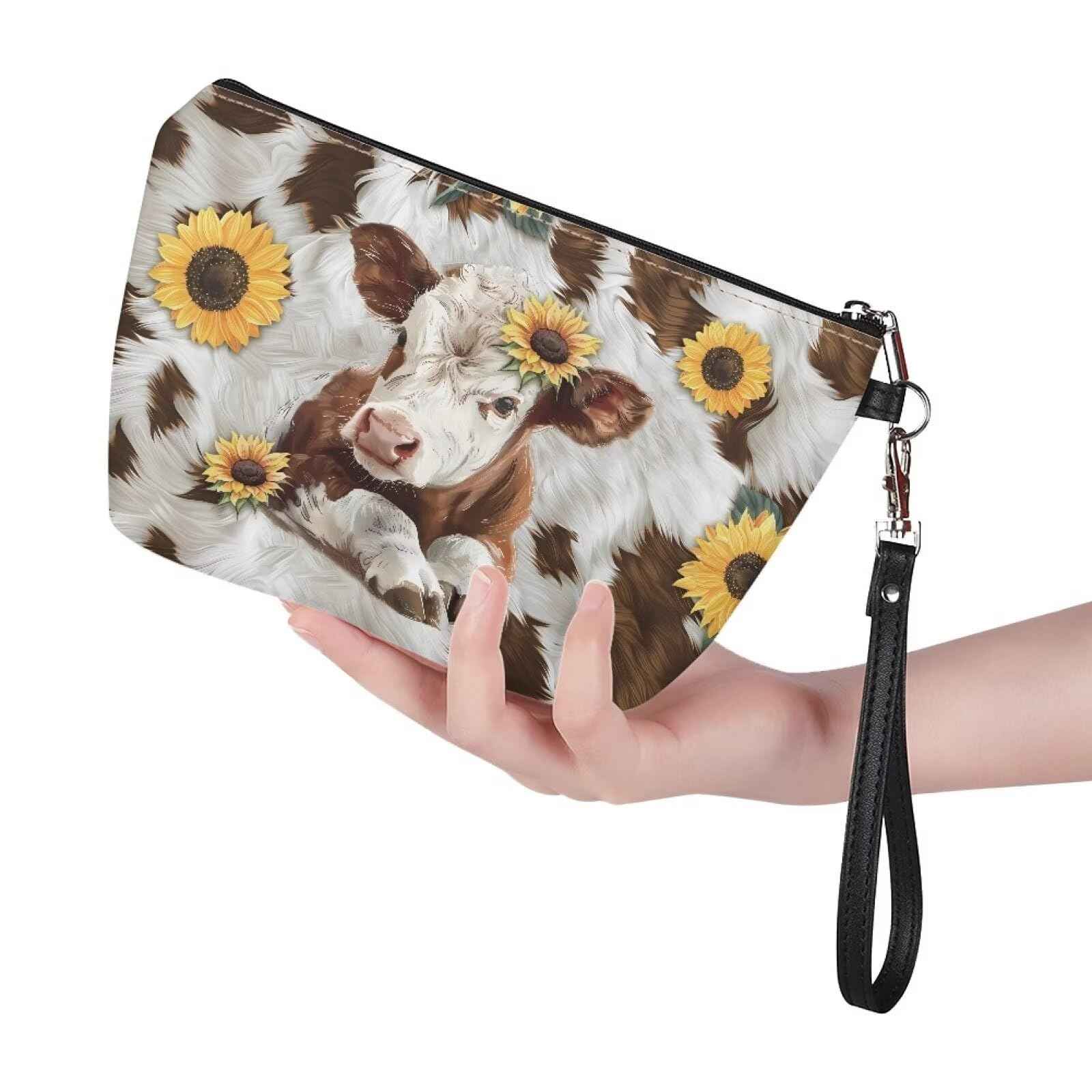 Cozeyat Sunflower Cow Cosmetic Bag for Women Makeup Bag Organizer Small Mini Makeup Pouch for Purse Water Resistant Girls Gift