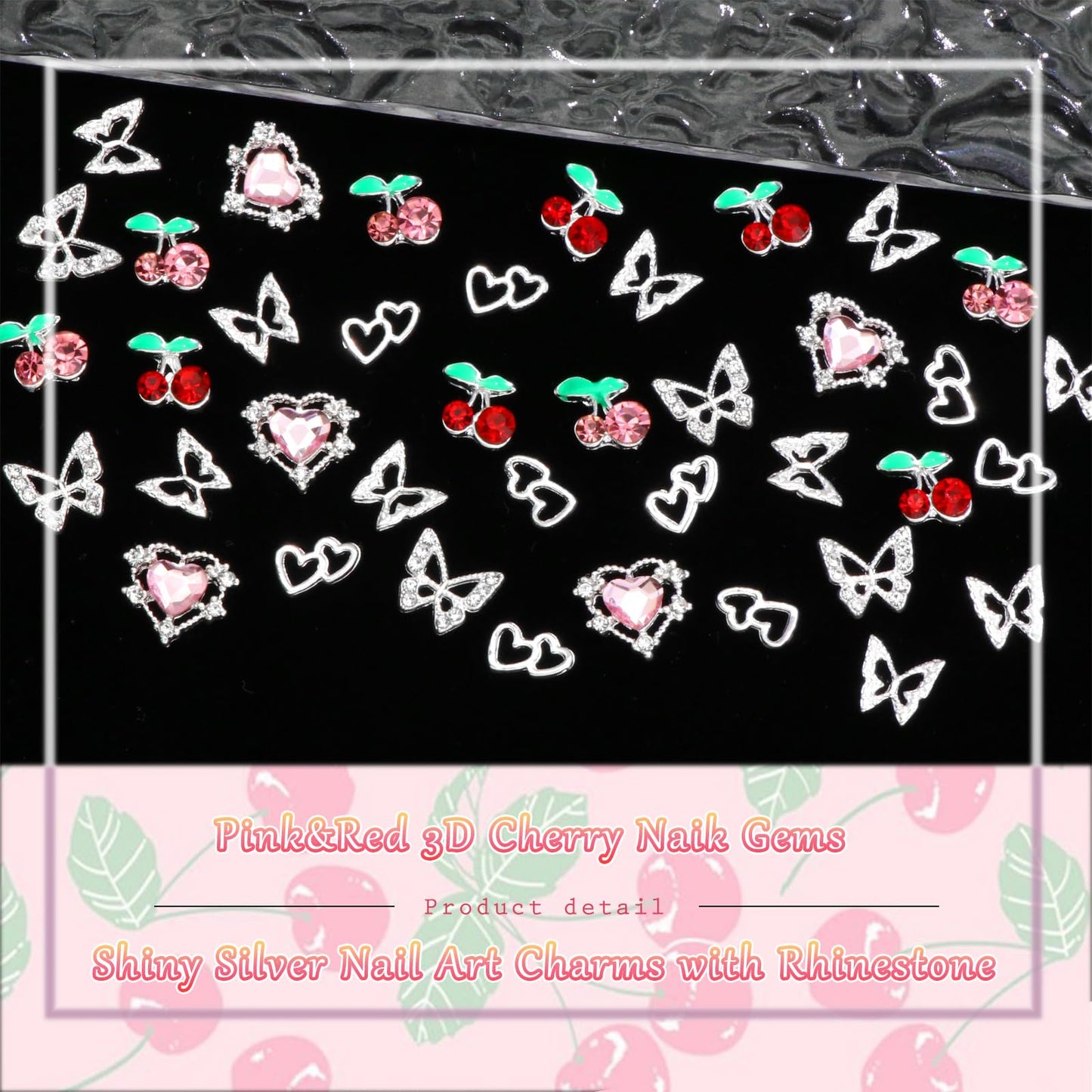 RODAKY 40PCS Butterfly Nail Charms Red Cherry Nail Art Charms Pink Heart Nail Rhinestone Cute Cherries Nail Gems Mixed Style Nail Decoration Accessories for Women's Manicure Nail Art