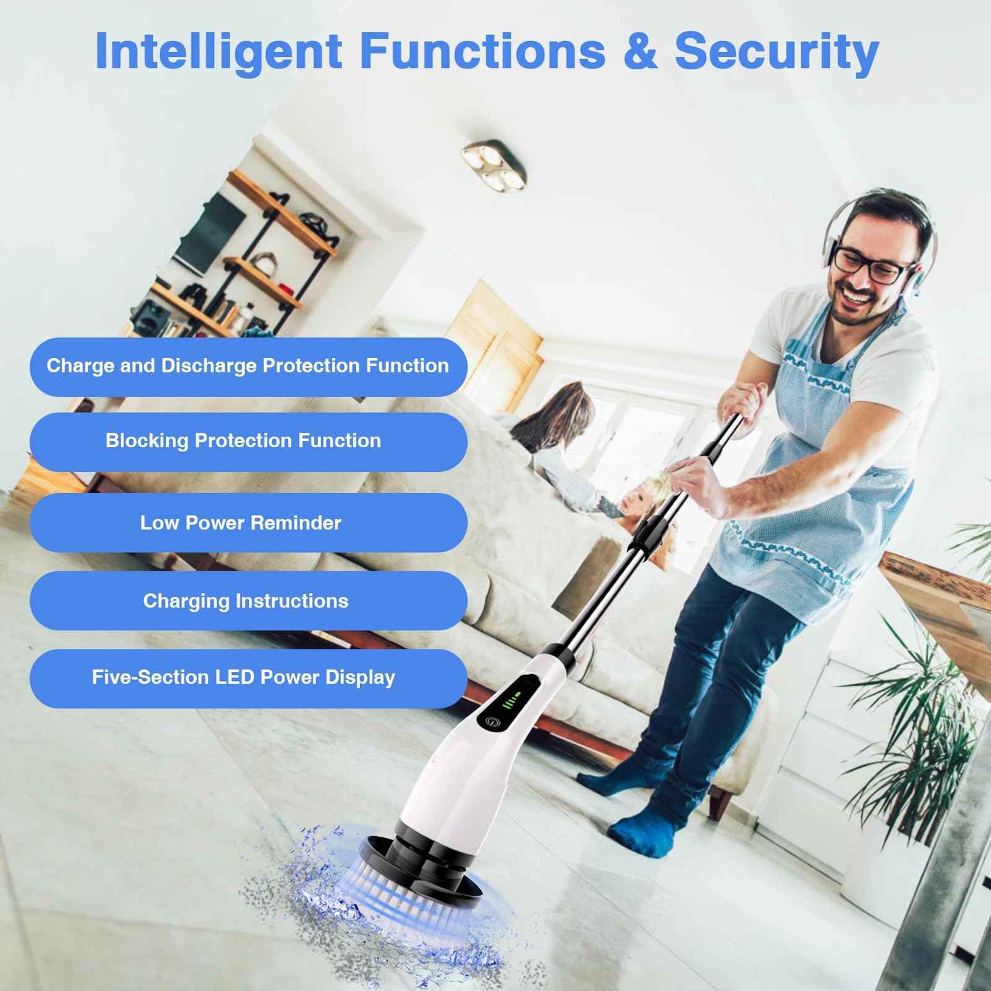 Electric Spin Scrubber Cordless Full Body Waterproof Cleaning Brush with Displaying Battery Level, 7 Replaceable Heads, Dual Speed, and Detachable Telescopic Handle for Kitchen Living Room Bathroom