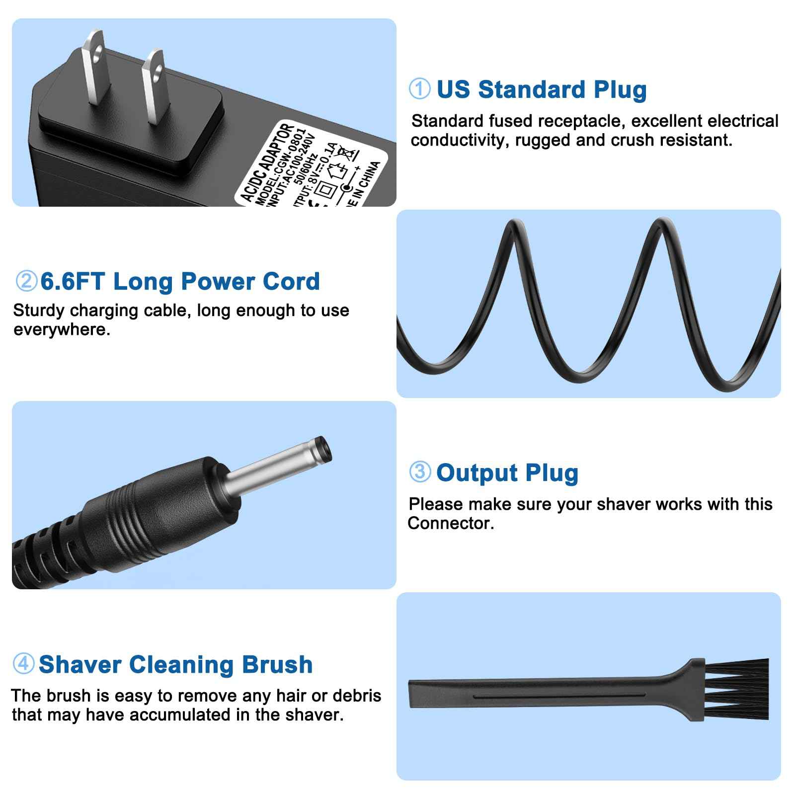 8V Charger Compatible with Philips Norelco HQ840 Multigroom Series 3000 MG3750 MG3750/10 MG3750/50 MG3750/60 MG3760 MG3760/50 Electric Shaver Razor Trimmer Power Supply