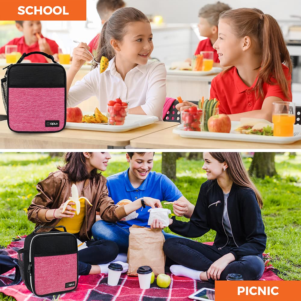 OPUX Premium Insulated Lunch Box, Soft School Lunch Bag for Girls Kids, Leakproof Small Lunch Pail Women Work, Reusable Compact Cooler Tote Lunchbox for Office Adult, Heather Pink