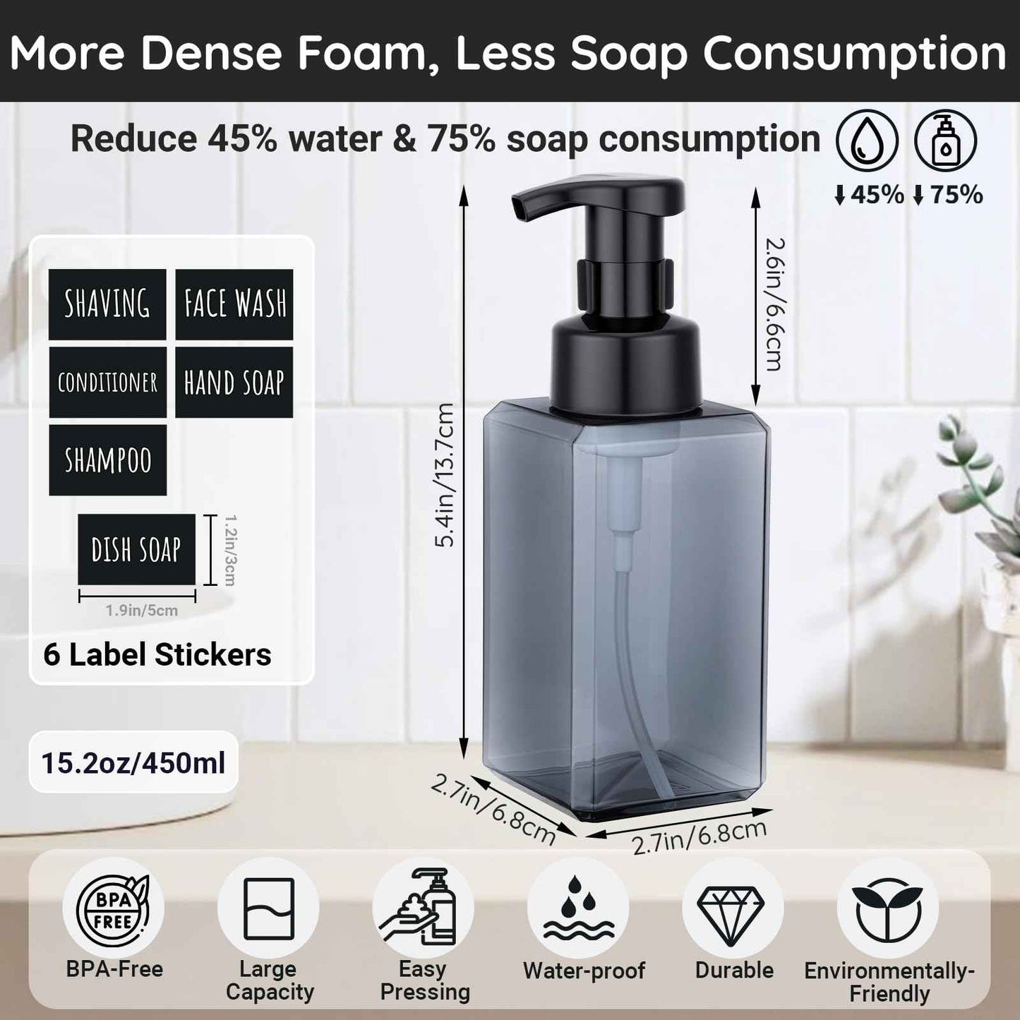 Segbeauty Empty Foam Soap Dispenser Pump Bottles 15.2oz 2pcs, Refillable Foaming Hand Soap Dispenser, 450ml Gray Foam Bottle with Waterproof Stickers, Plastic Square Liquid Foaming Container BPA Free