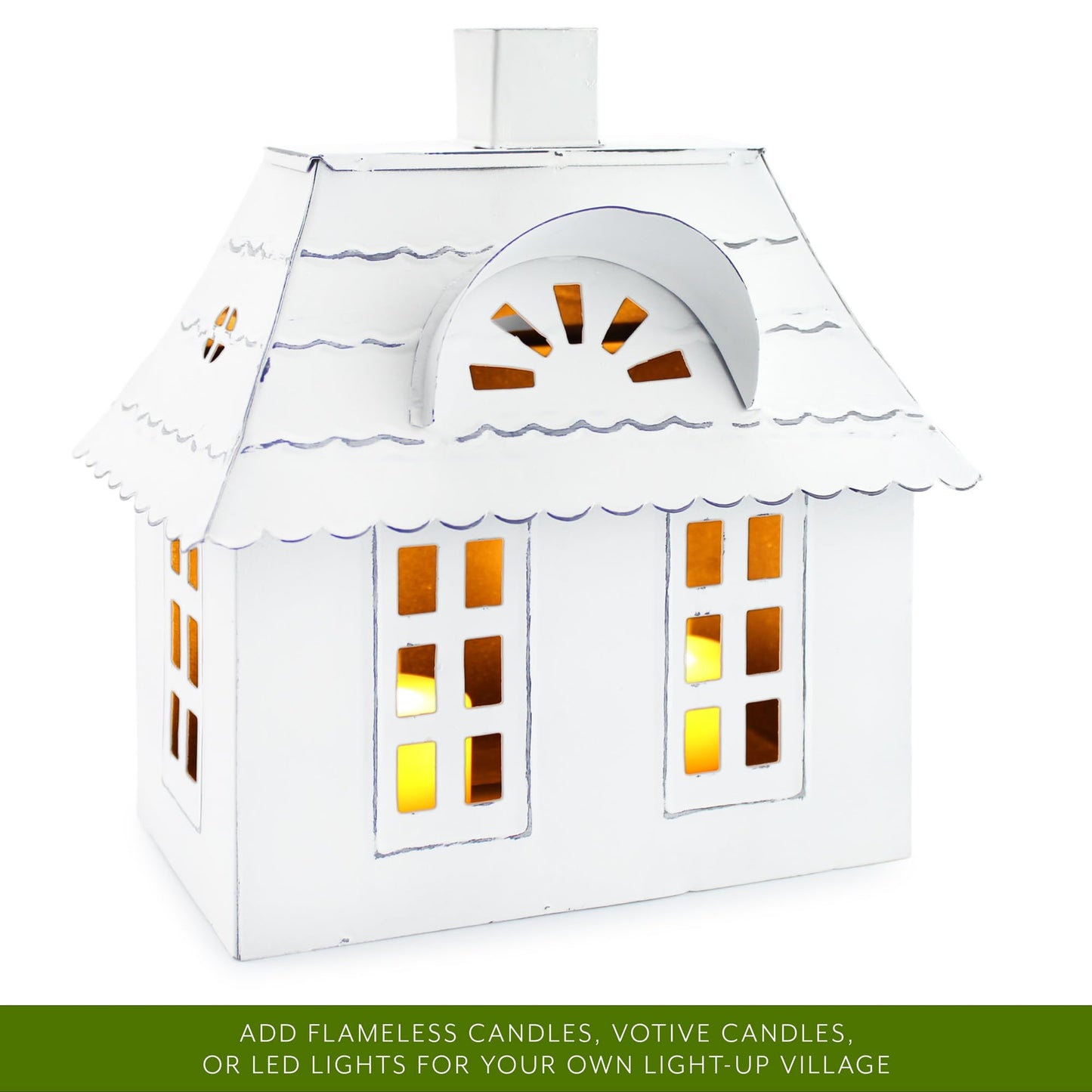 AuldHome Farmhouse Decor Tin Houses (Set of 3, White); Candle Lantern Decorative Holiday Christmas Village Display or Votive Holder