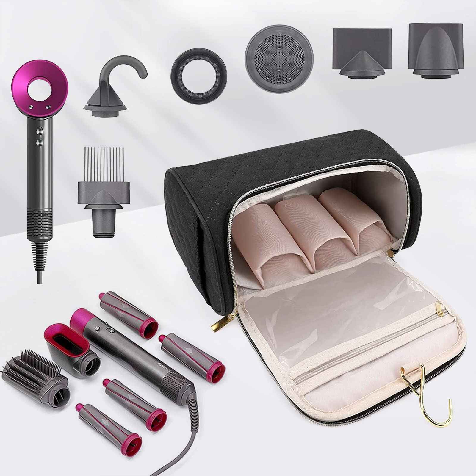 FRMARCH Travel Storage Bag Compatible with Dyson Airwrap Styler, Portable Travel Organizer with Clips for Airwrap Hair Styler Case and Attachments, Cosmetic Travel Cases with Hanging Hook, Black