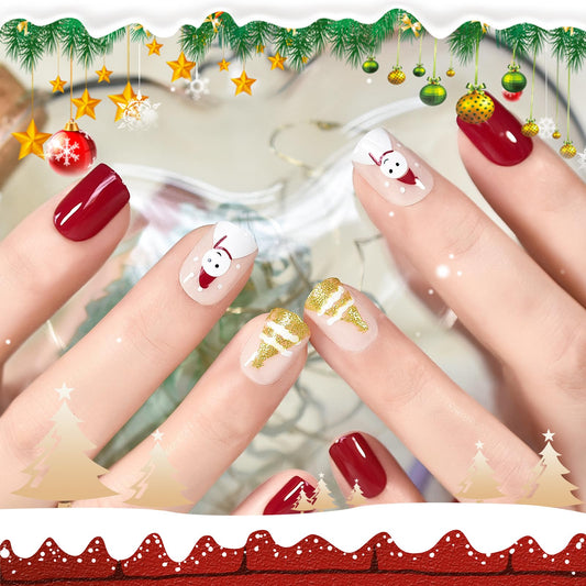 Pre-design Christmas Press On Nails with Snowman Golden Glitter Tree Short Squoval Red Nail Art Tips Salon Reusable Acrylic Manicure Glossy Stick On Nails Gifts for Women Girls