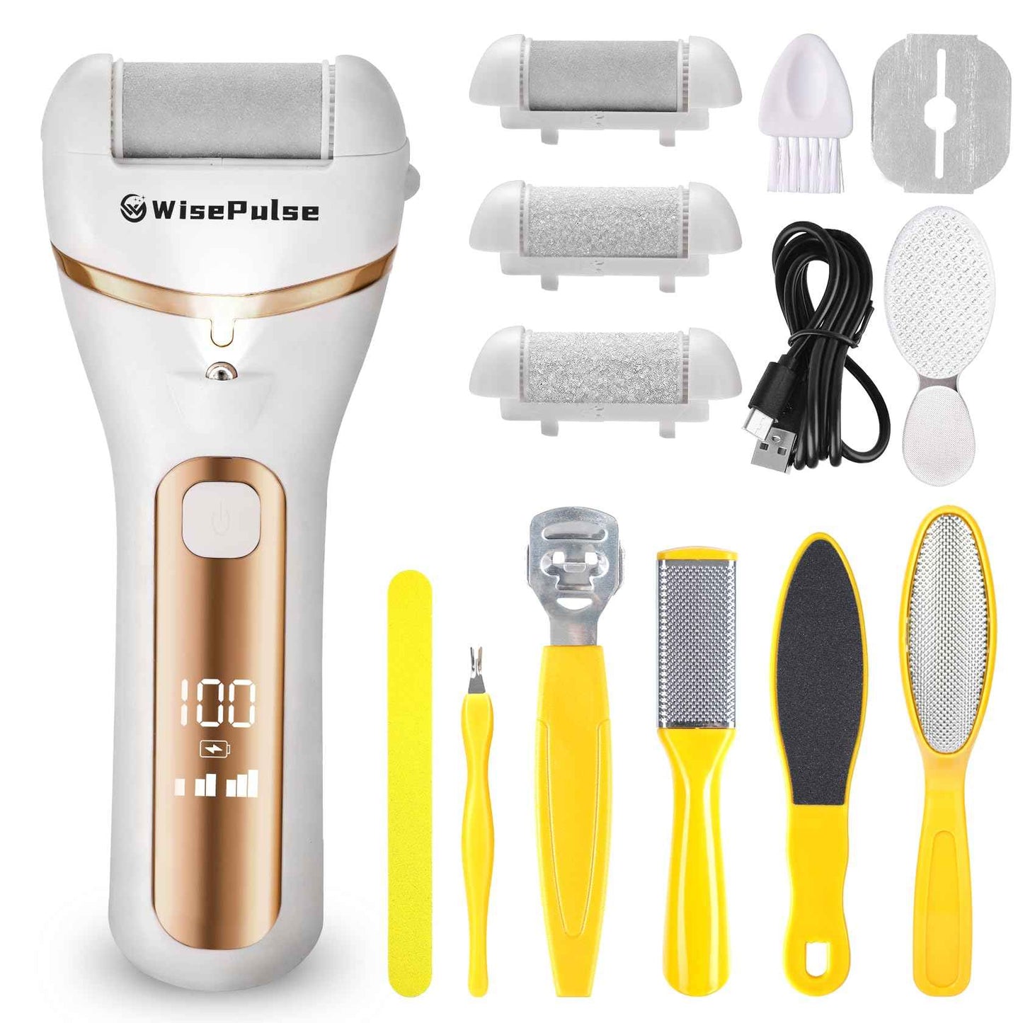 Electric Foot Callus Remover, Rechargeable Electric Callus Remover for Feet with 3 Speed, 9 in 1 Pedicure Kit with Nano-Glass, Waterproof Professional Foot File for Dead, Hard, Cracked Skin(Yellow)