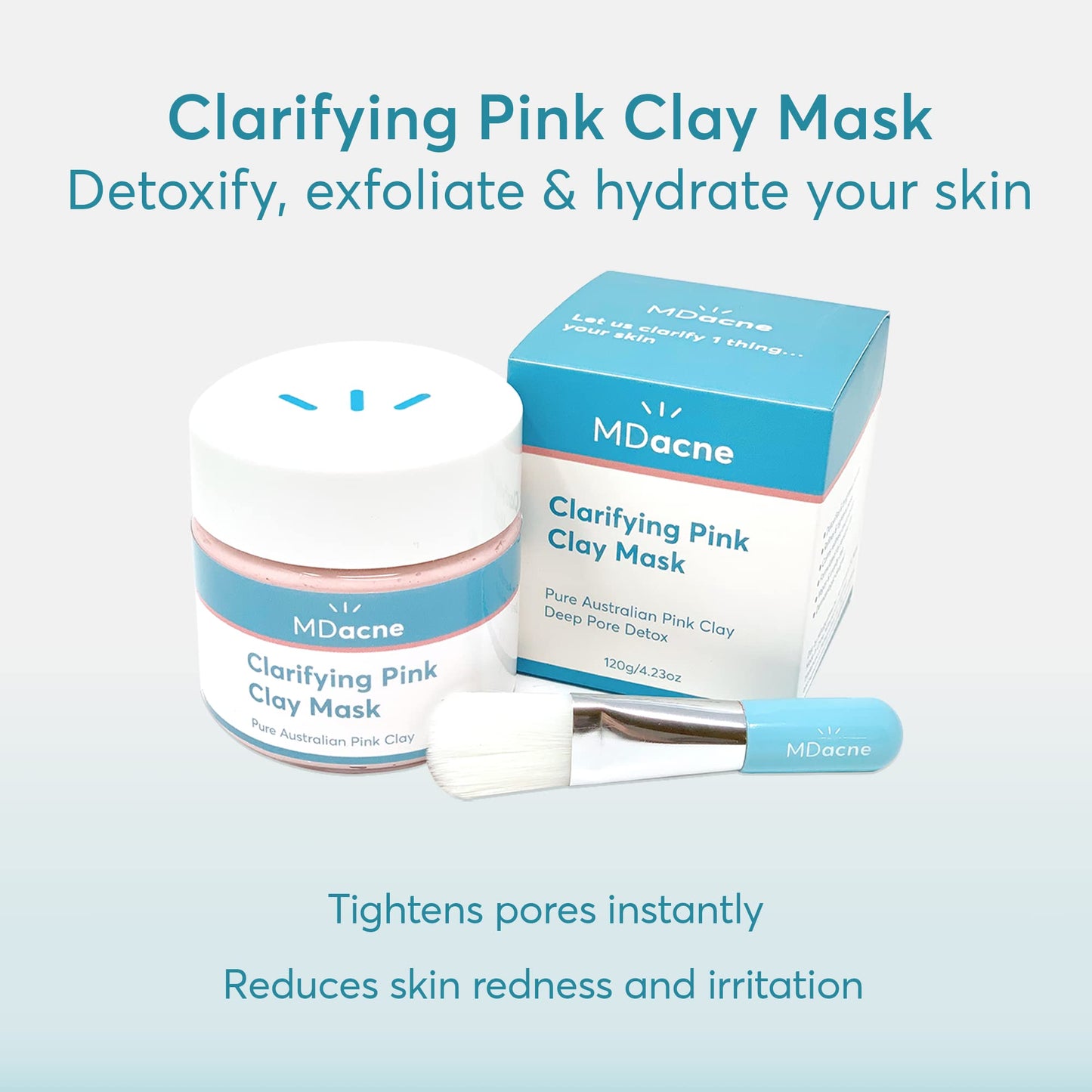 MDacne Clarifying Clay Face Mask - Deep Pore Detox with Australian Pink Clay - Detoxifying, Exfoliating & Brightening - Reduce Skin Redness & Irritation for Sensitive Acne-Prone Skin