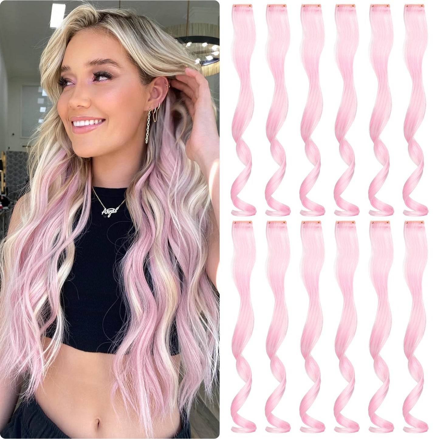 Fanguilar Colored Hair Extensions 12 PCS 20 Inch Light Pink Clip in Hair Extensions Rainbow One Color Party Highlight Long Wavy Synthetic Hairpiece for Women Gifts Halloween Party