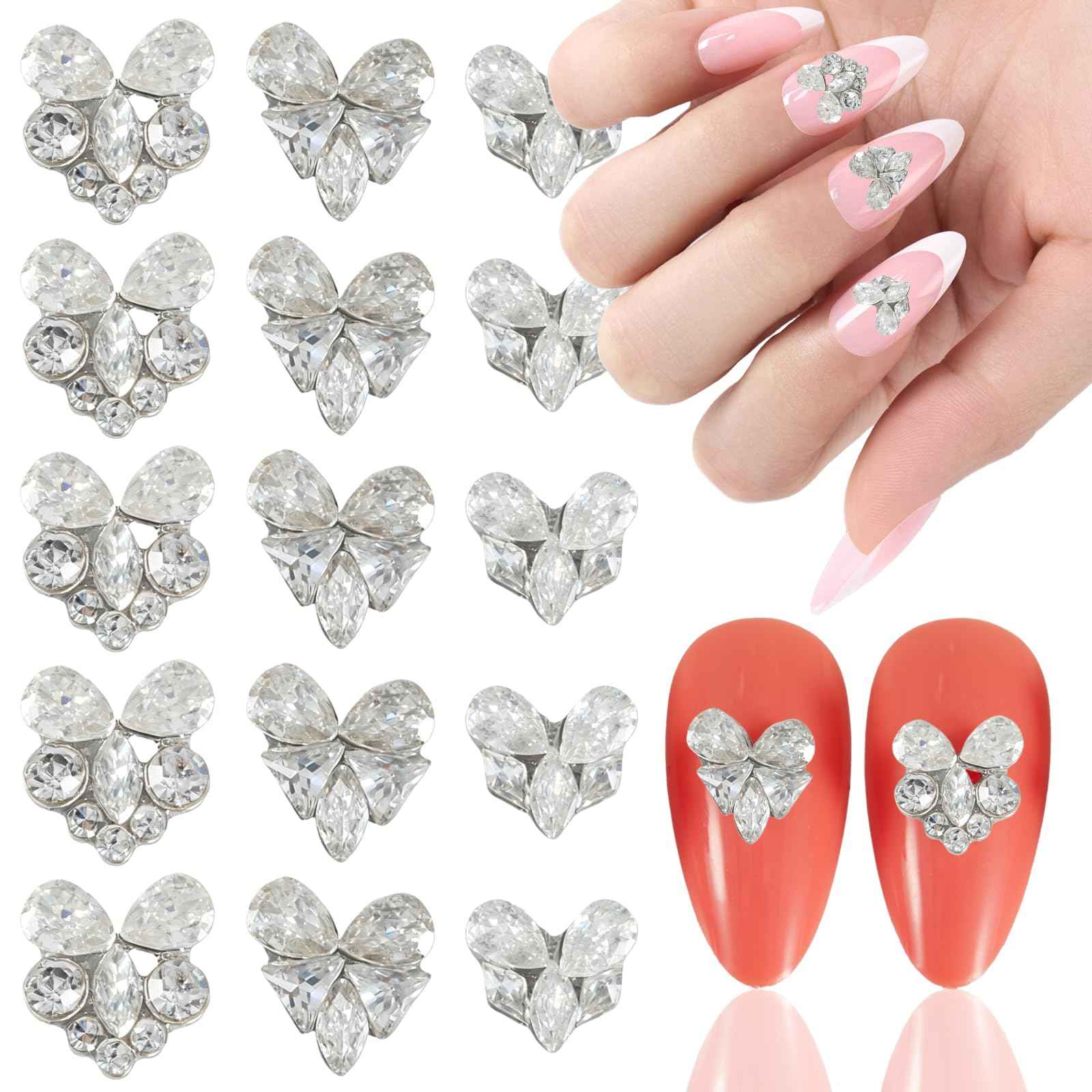 SILPECWEE 15pcs Heart Nail Rhinestones and Charms, Heart Zircon Nail Charms Glass Crystal 3D Nail Gems Diamond Alloy Nail Jewelry Studs Flat-Back Nail Art Decoration for Nails Supplies