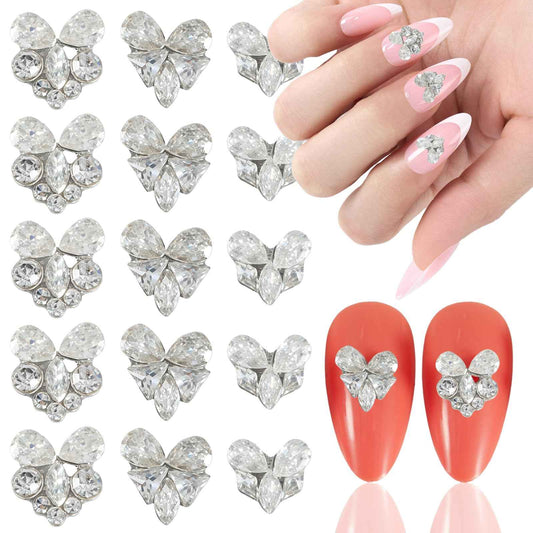 SILPECWEE 15pcs Heart Nail Rhinestones and Charms, Heart Zircon Nail Charms Glass Crystal 3D Nail Gems Diamond Alloy Nail Jewelry Studs Flat-Back Nail Art Decoration for Nails Supplies