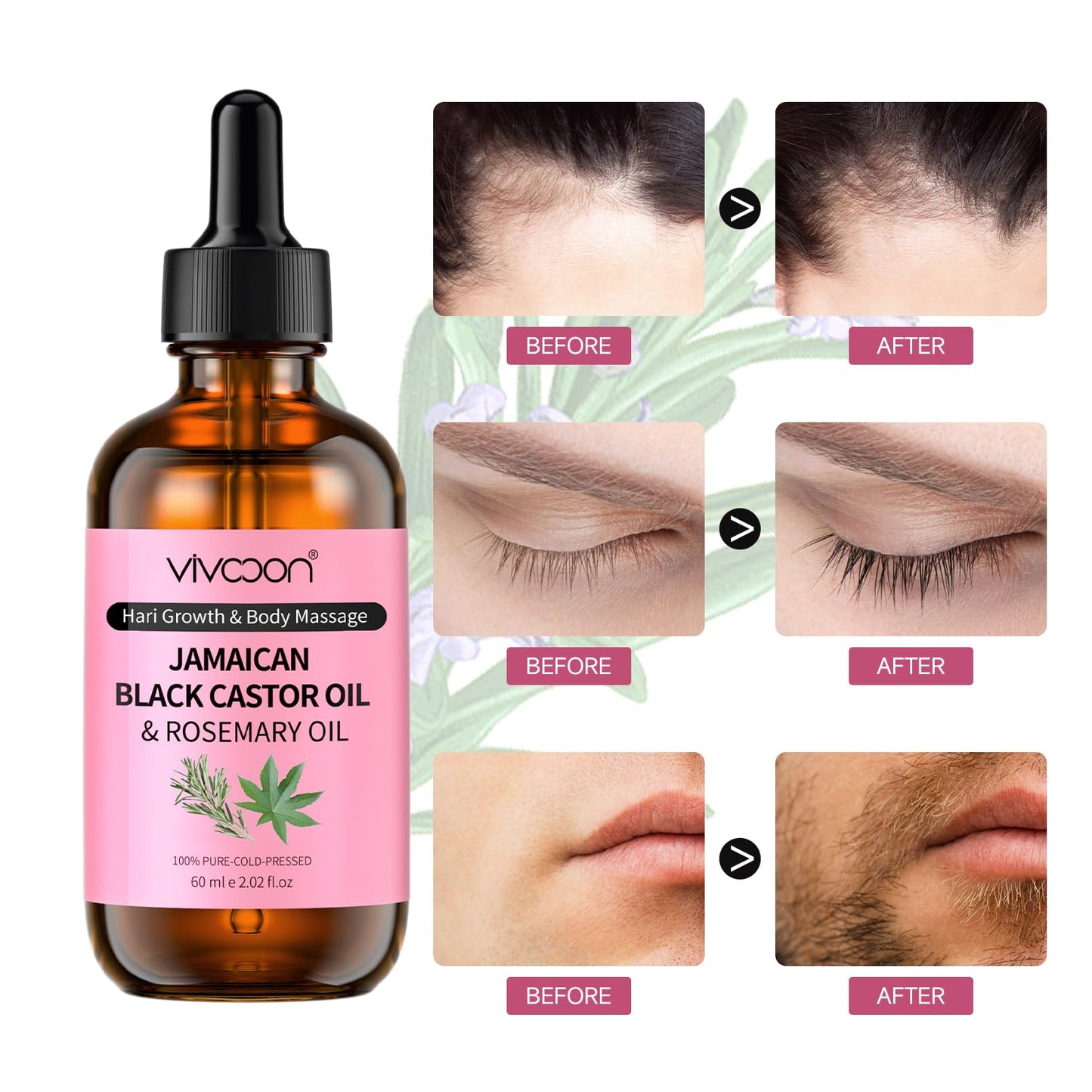Vivccon Jamaican Black Castor Oil with Rosemary, Black Castor Oil Cold Pressed, Organic Castor Oil for Hair Growth, Eyelashes and Eyebrows Growth, Castor Oil 100% Natural & Pure
