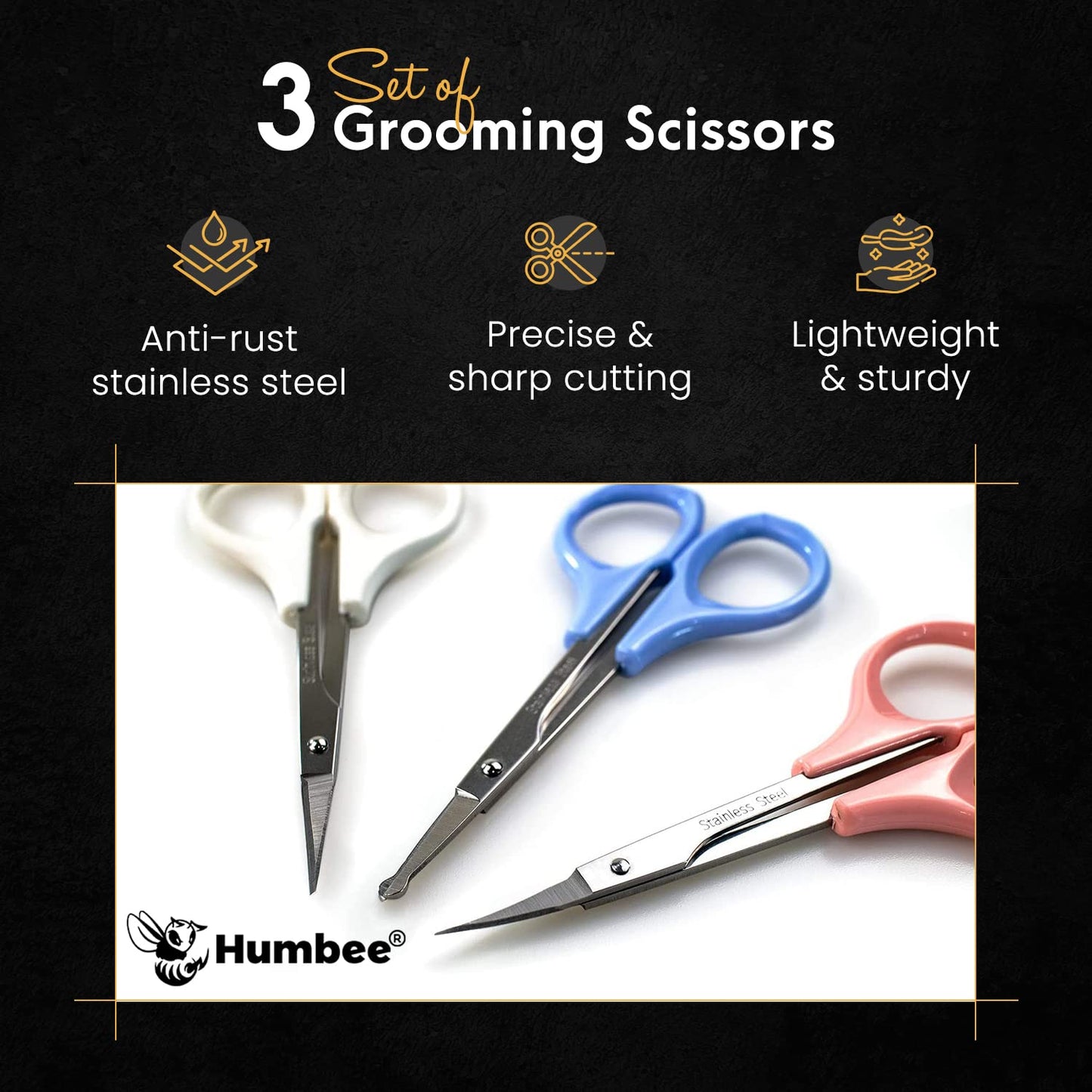 Humbee Hair Trimming Scissors Set, Grooming Scissors for Facial Hair, Nose Hair, Mustache, and Beard Grooming, Stainless Steel Eyebrow Scissors