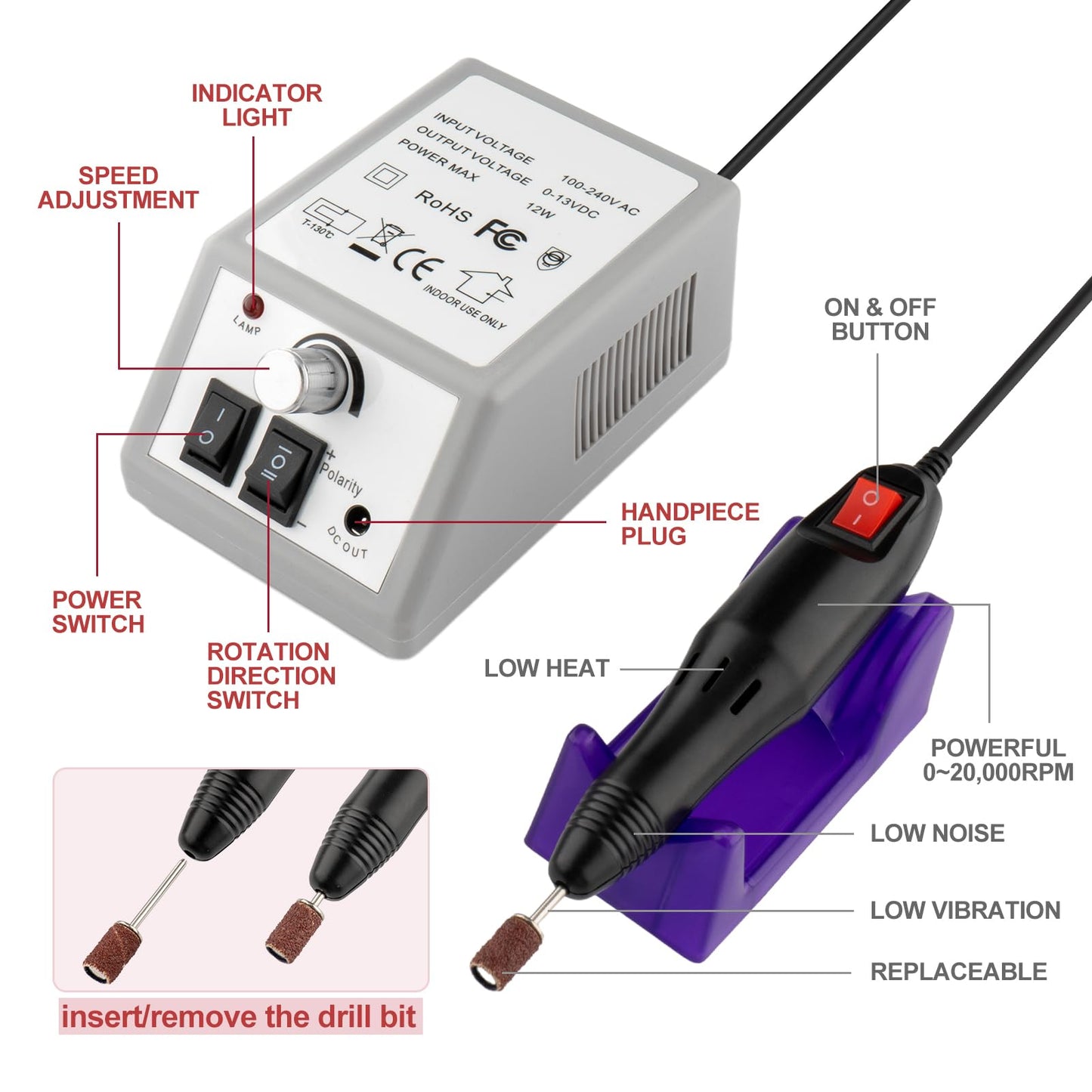 Professional Electric Nail Drill Machine Nails File Manicure Pedicure Set for Acrylic Gel Dip Powder Art Shape Remover Tool Polisher Grinder Low Noise with 6 Drill Bits 156pcs Sanding Bands