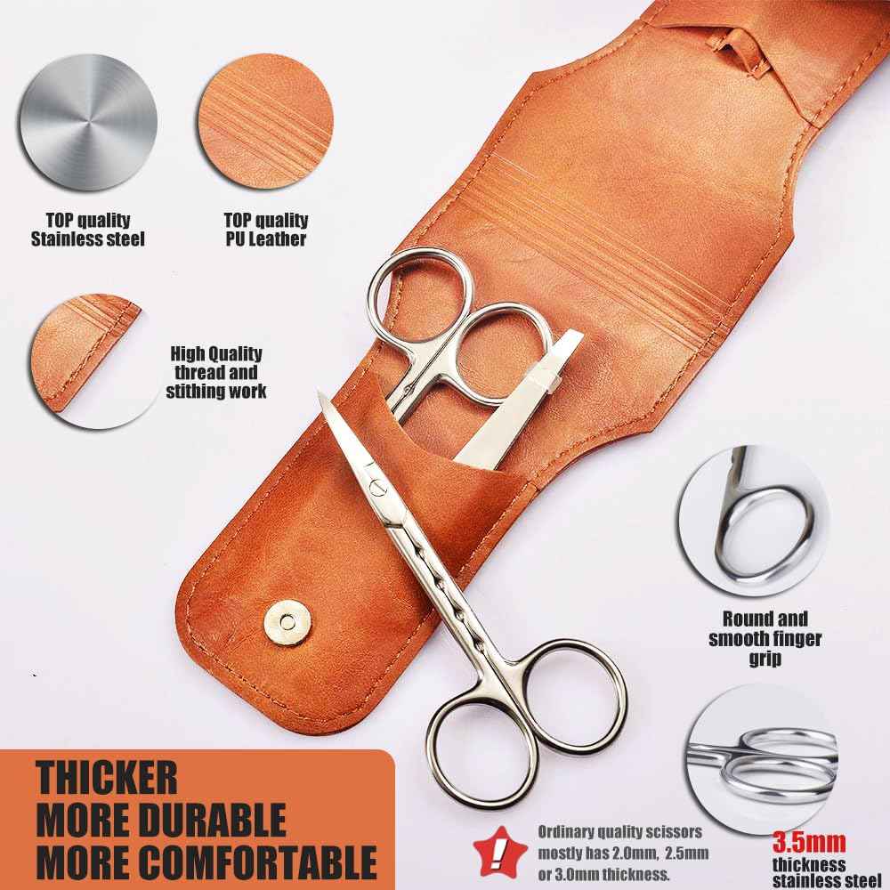 HANTEKAS Professional Stainless Steel Curved Rounded Facial Hair Scissors Tweezers Set For Men Moustache, Nose Hair, Beard Trimming Scissors,Safety Use for Eyebrows,Eyelashes,Ear Hair - PU Leather Bag