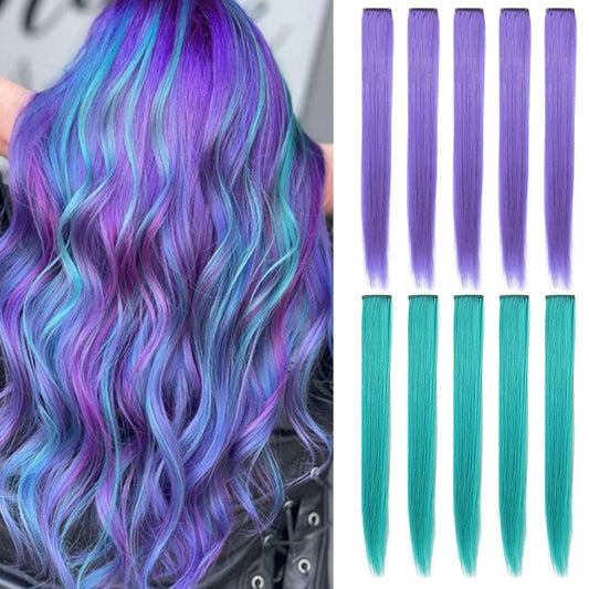 Lavender Pueple&Teal Colorful Hairpieces for Girls Multicolor Highlight Straight Clip in Colored Hair Extensions for Teens Adults Women(Teal Lavender purple)