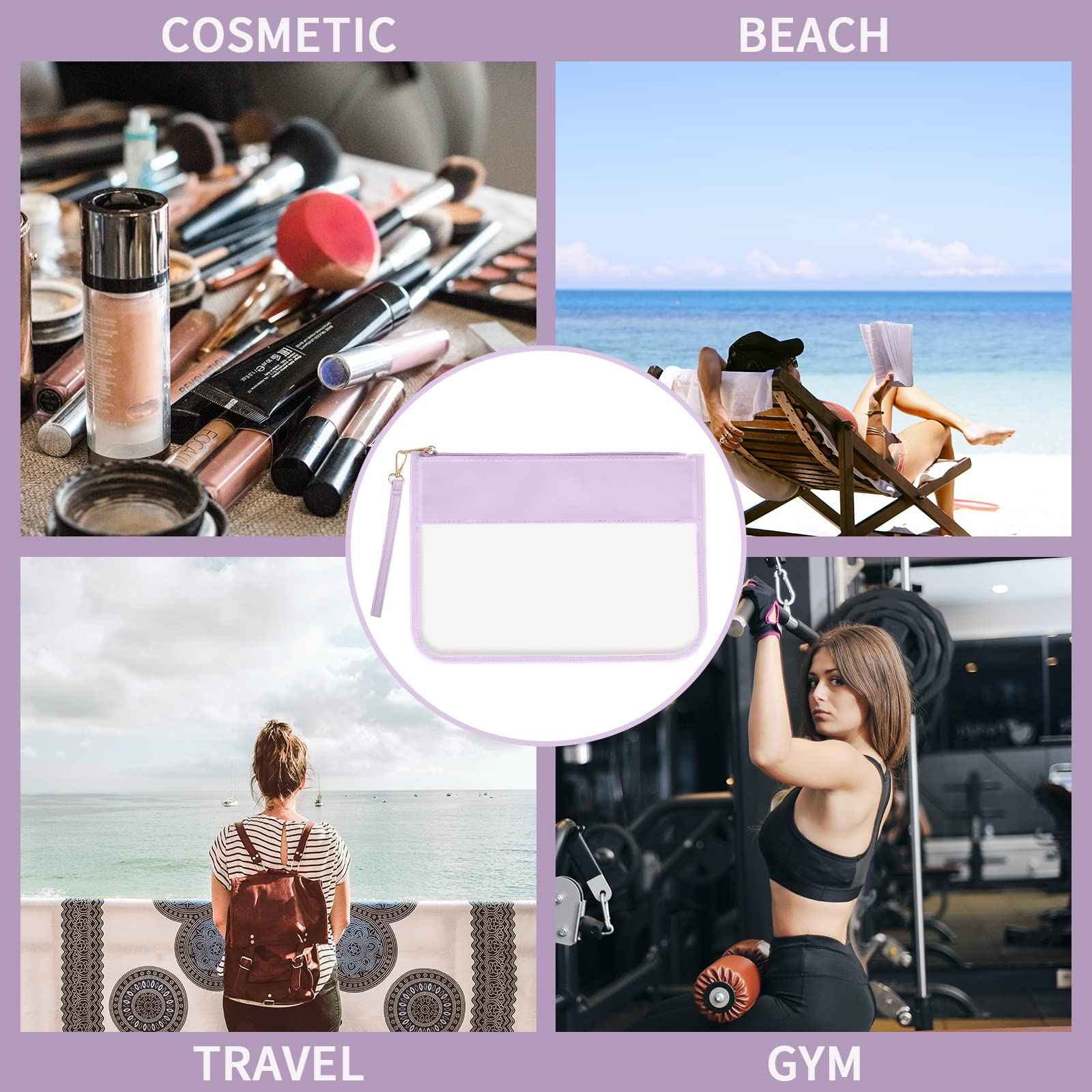 Iqimott Clear Zipper Pouch, DIY Clear Makeup Cosmetic Bag Purse for Women Girls, Chenille Letter Travel Toiletry Bag(Purple)