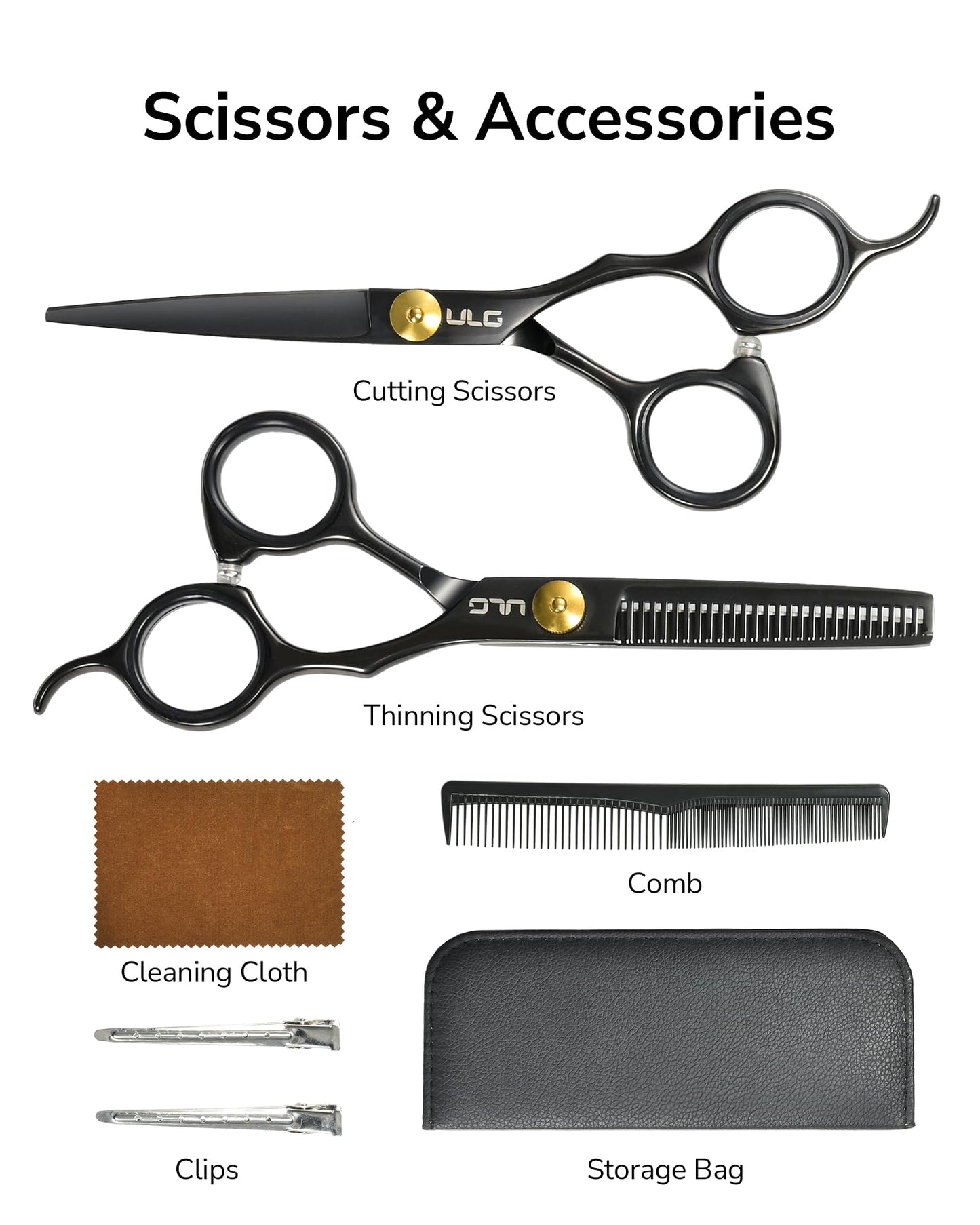 ULG Hair Cutting Scissors Kit for Hair Cutting and Hair Thinning Super Sharp Stainless Steel Tension Adjustable Professional Barber Tool Kit UGHC02