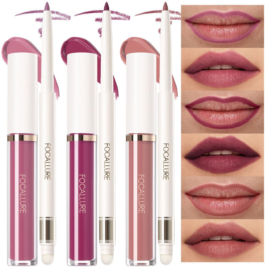 FOCALLURE KISSPROOF 6Pcs Liquid Lipstick & Lip Liner Set, 3 Highly Pigmented Lip Gloss, 3 Matte Lip Crayons with Built-in Sharpener, Lips Makeup Gift for Women, PK01 ROSE