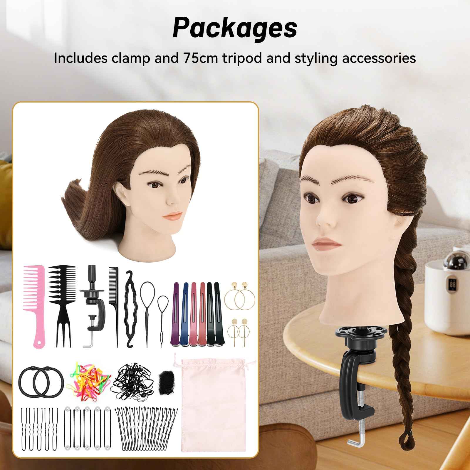 Yekavo Mannequin Head with 90% Human Hair, 24" Female Real Hair Cosmetology Mannequin Head Hair Styling Manikin Head Doll Head for Hairdresser Practice Training with Clamp Holder and Tools (Brown)