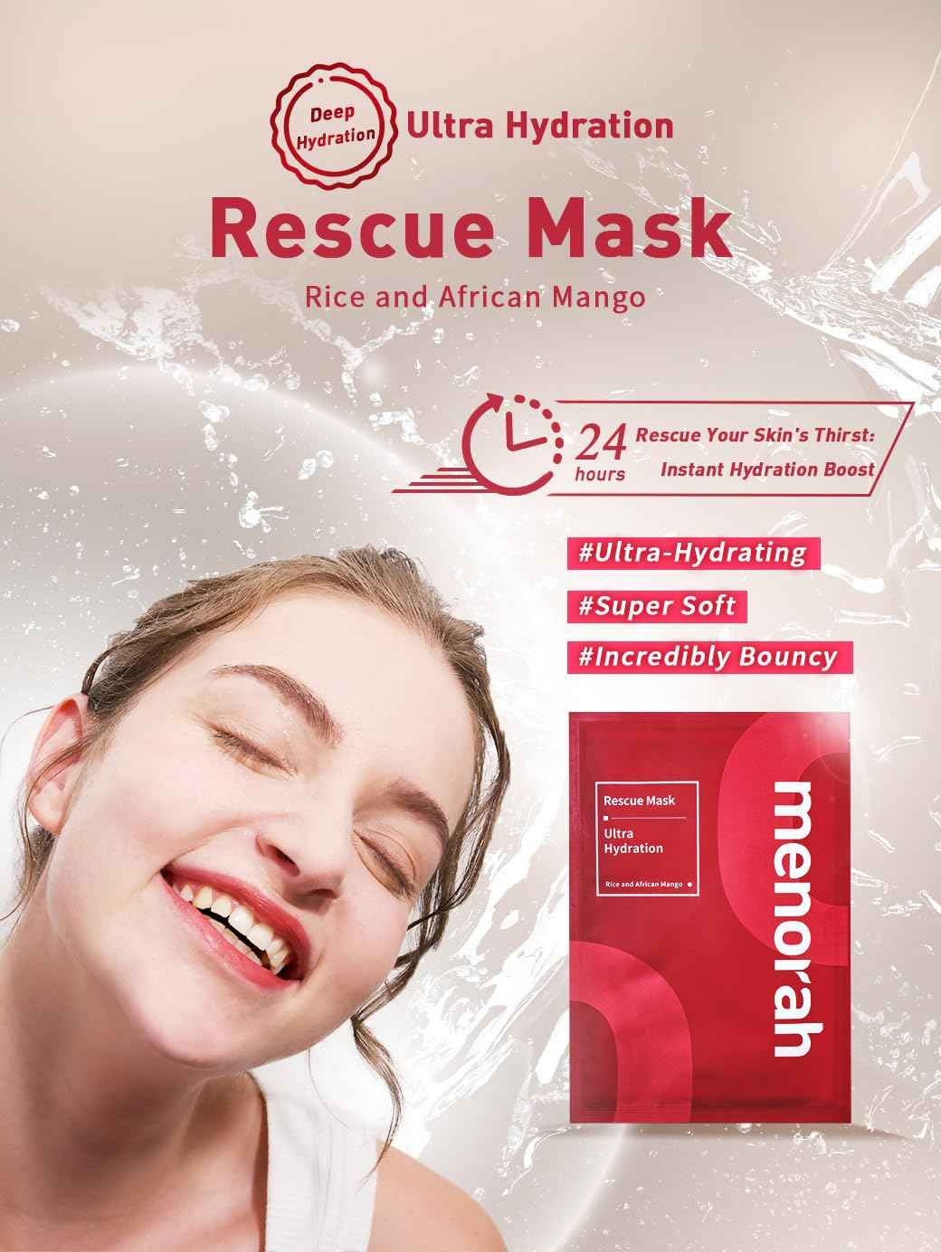 menorah skincare - Ultra Hydration Rescue Sheet Mask (4 Sheets) - with Rice, African Mango, Face sheet masks, Moisturizing mask, Super Hydration and Moisturizing, 100% Organic cotton sheet mask