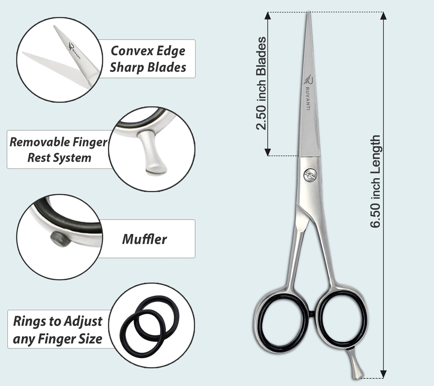 Ruvanti Professional Hair Cutting Scissors - Barber Shears for Salon and Home Use - Sharp Durable Razor Edge Tijeras De Peluqueria Profesional - Comfortable Grip Handles with Case.